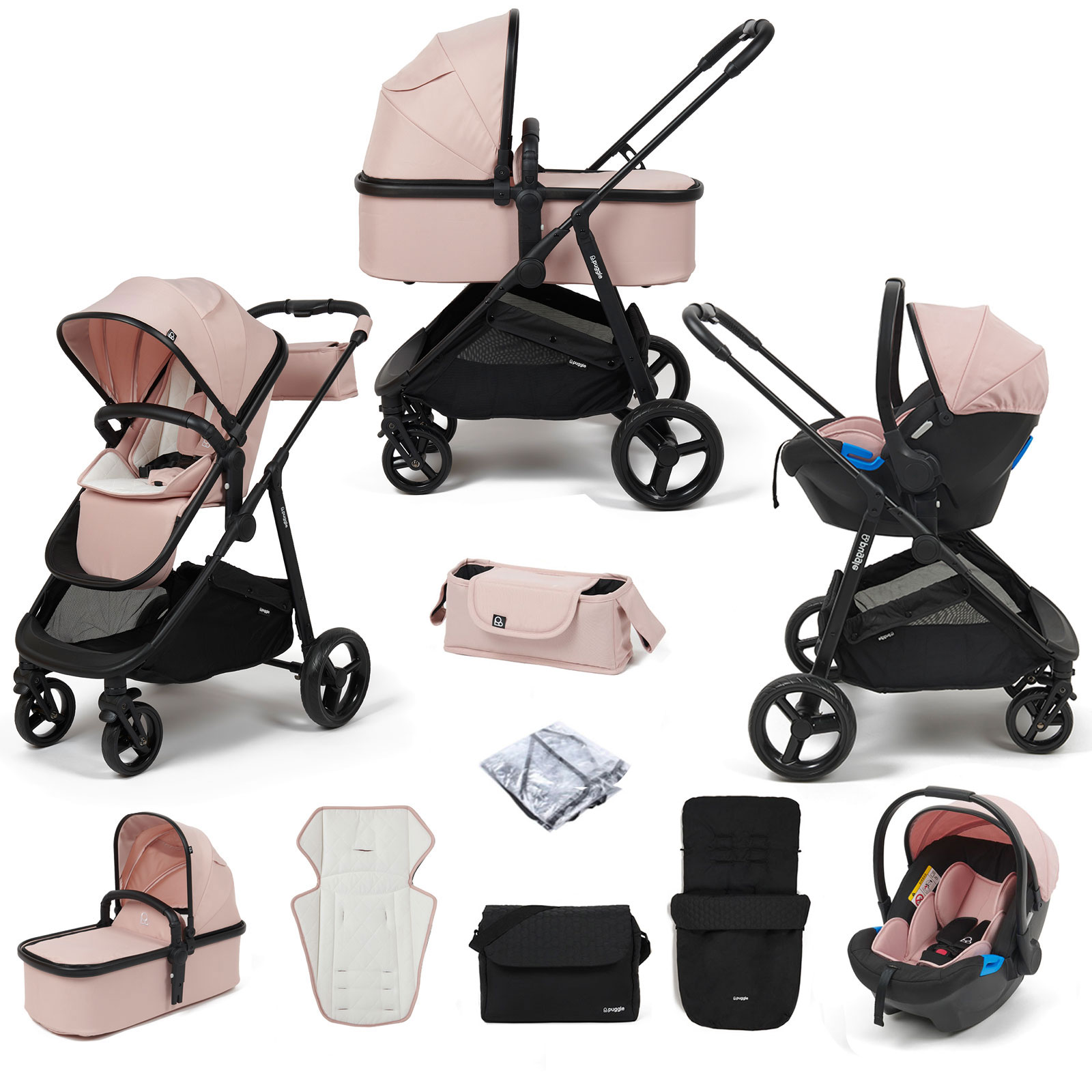 Puggle Monaco XT 3in1 Travel System with Organiser, Footmuff & Changing Bag - Blush Pink