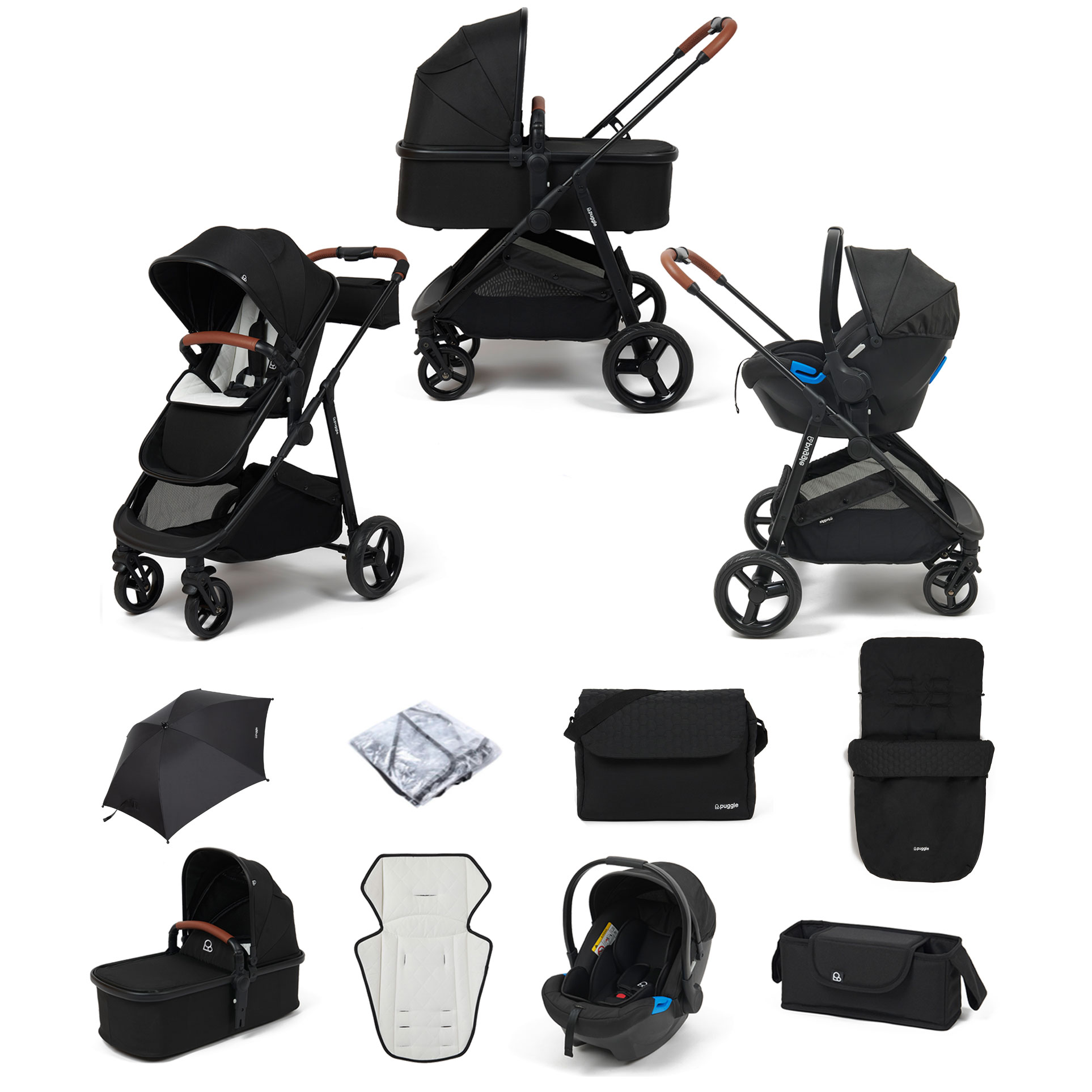 Puggle Monaco XT 3in1 Travel System with Organiser, Footmuff, Parasol & Changing Bag - Storm Black