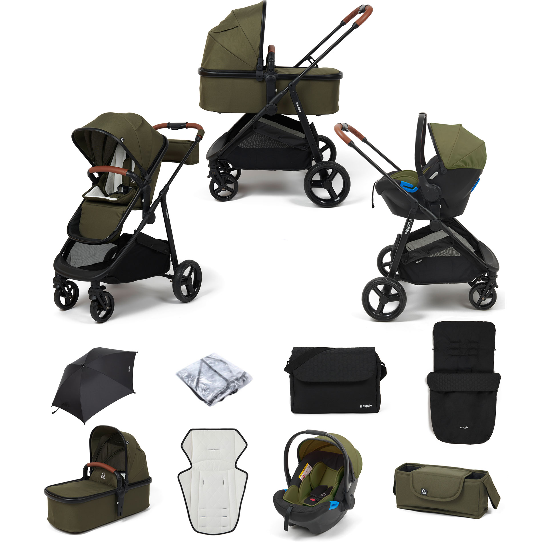 Puggle Monaco XT 3in1 Travel System with Organiser, Footmuff, Parasol & Changing Bag - Forest Green