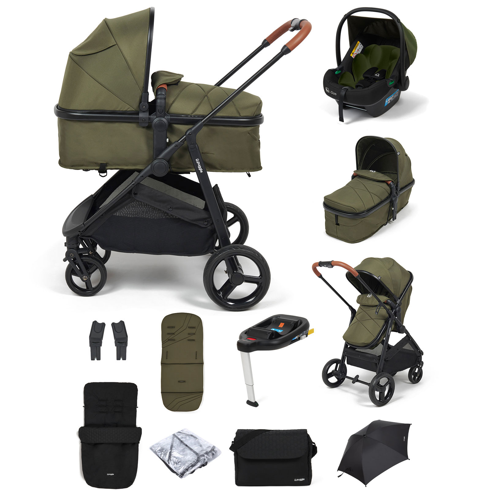 Puggle Monaco XT 2in1 i-Size Travel System with ISOFIX Base, Footmuff, Changing Bag & Parasol - Forest Green