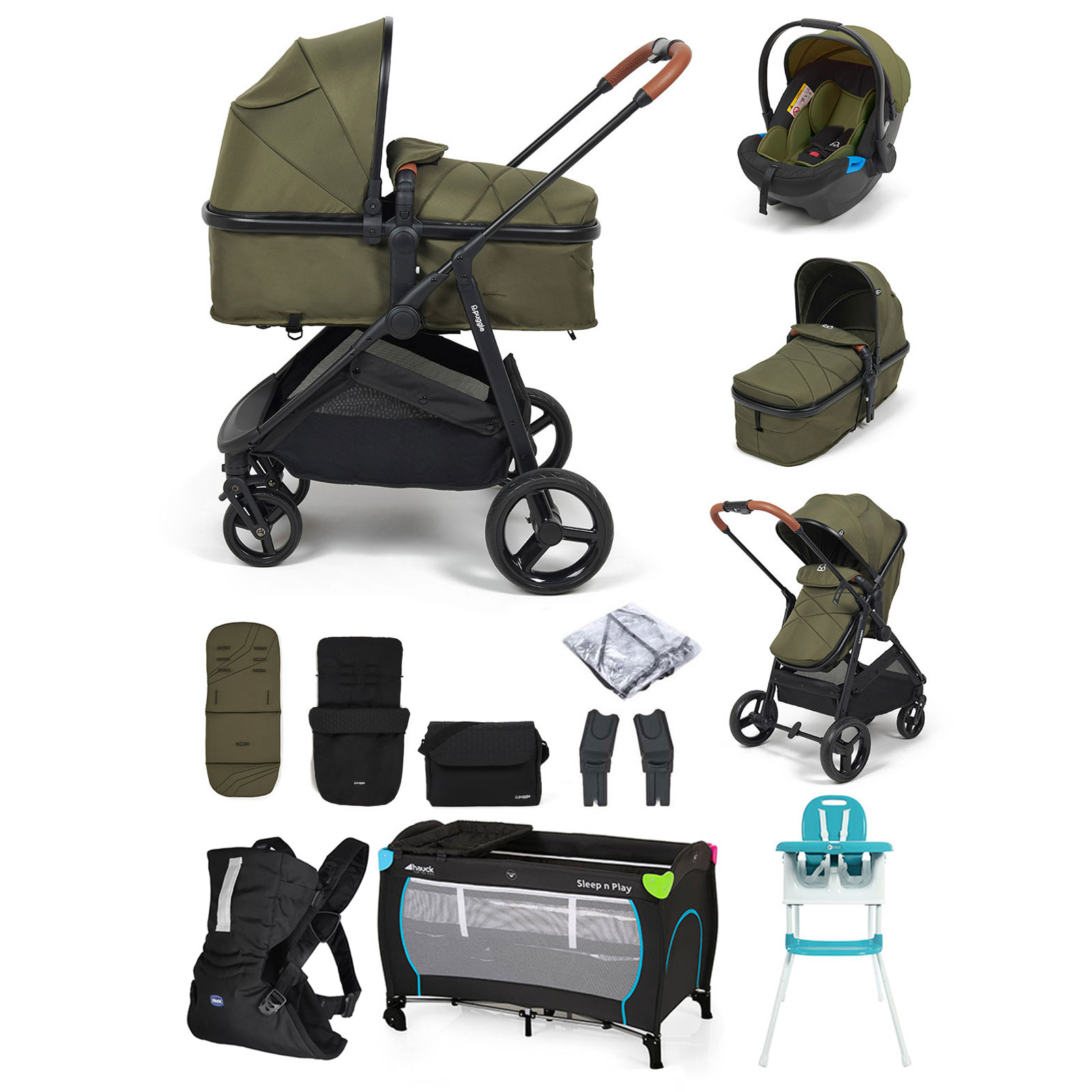 Puggle Monaco XT 2in1 Pram Pushchair Everything You Need Travel System with Footmuff & Changing Bag - Forest Green