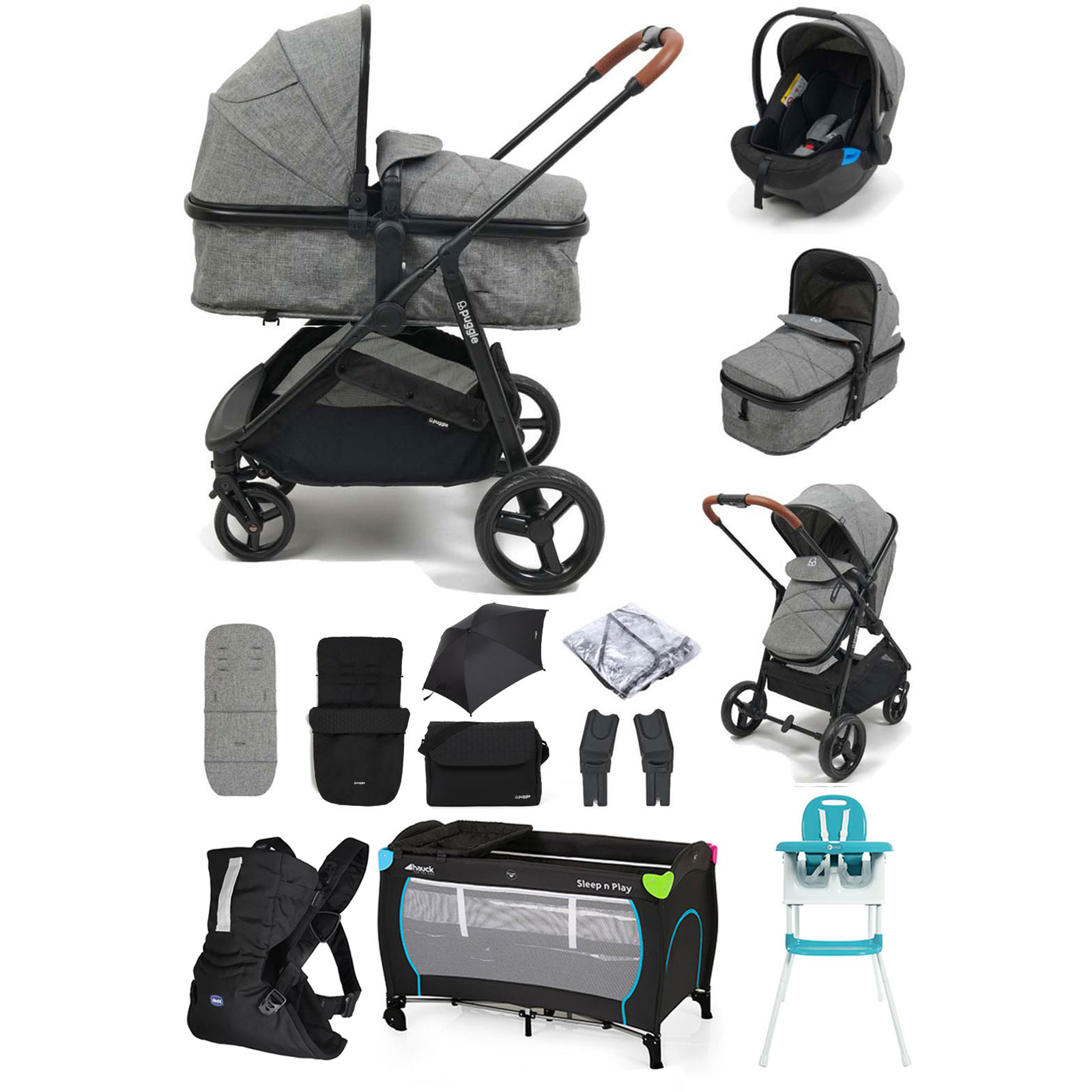 Puggle Monaco XT 2in1 Pram Pushchair Everything You Need Travel System with Footmuff, Changing Bag & Parasol - Graphite Grey