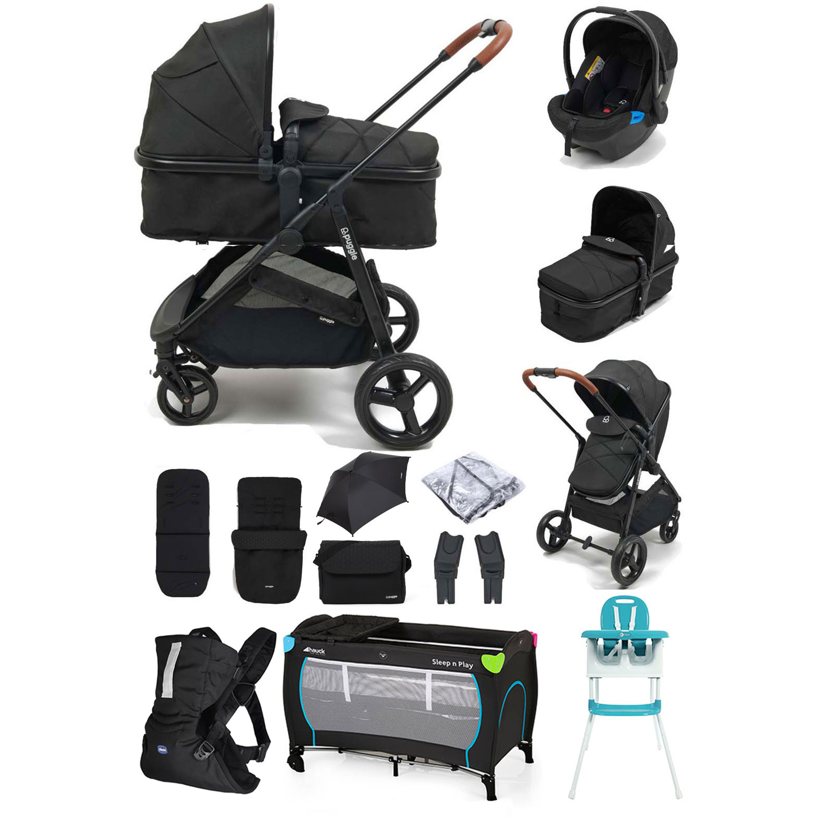 Puggle Monaco XT 2in1 Pram Pushchair Everything You Need Travel System with Footmuff, Changing Bag & Parasol - Storm Black