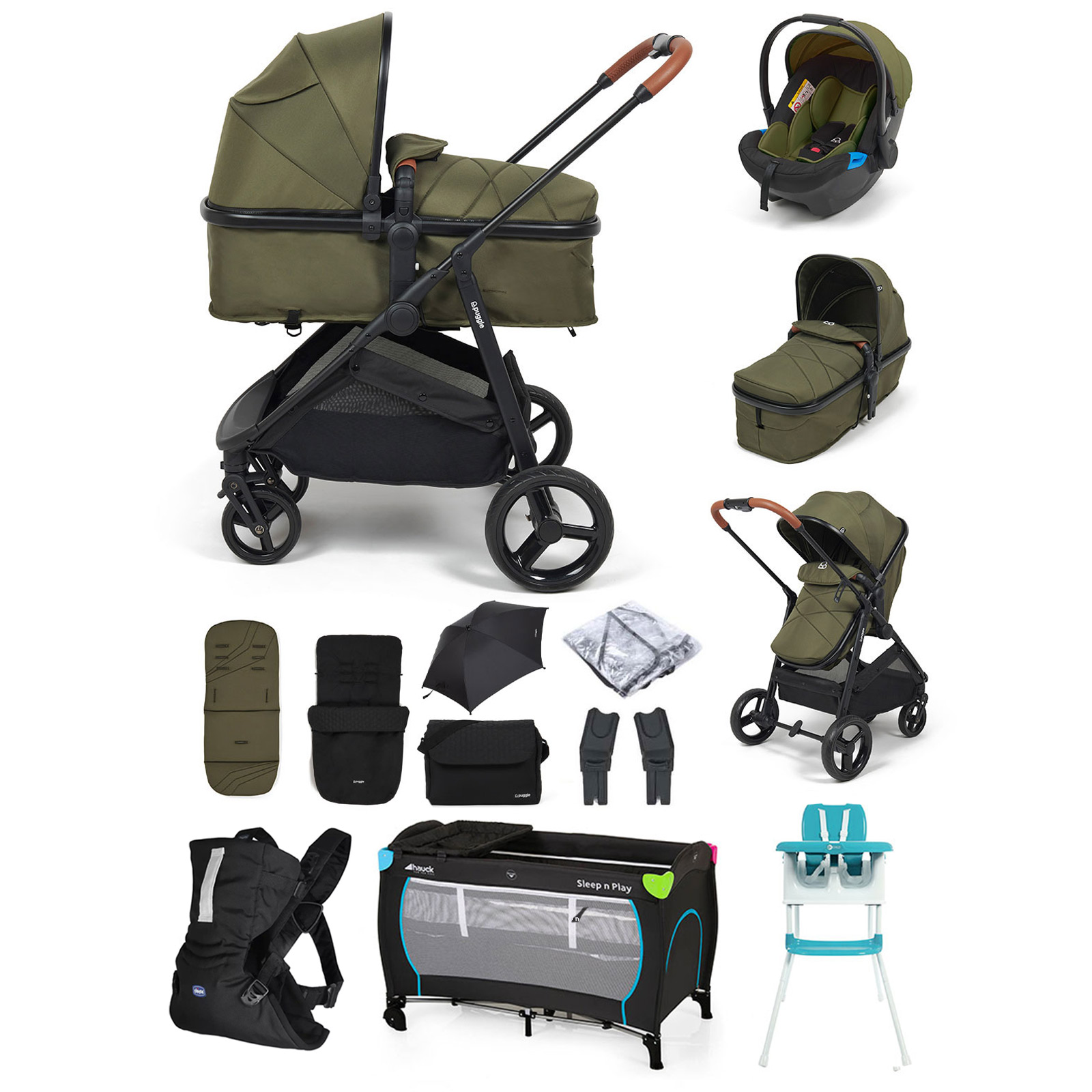 Puggle Monaco XT 2in1 Pram Pushchair Everything You Need Travel System with Footmuff, Changing Bag & Parasol - Forest Green