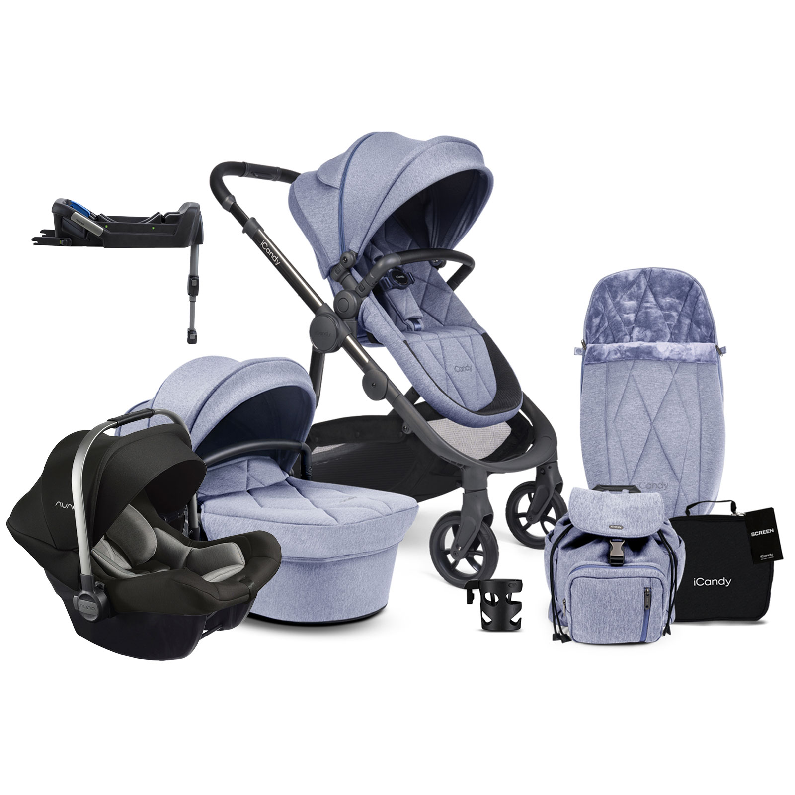 iCandy Orange 3 Carrycot & Pushchair Complete Bundle with Pipa Lite LX Car Seat - Mist Blue