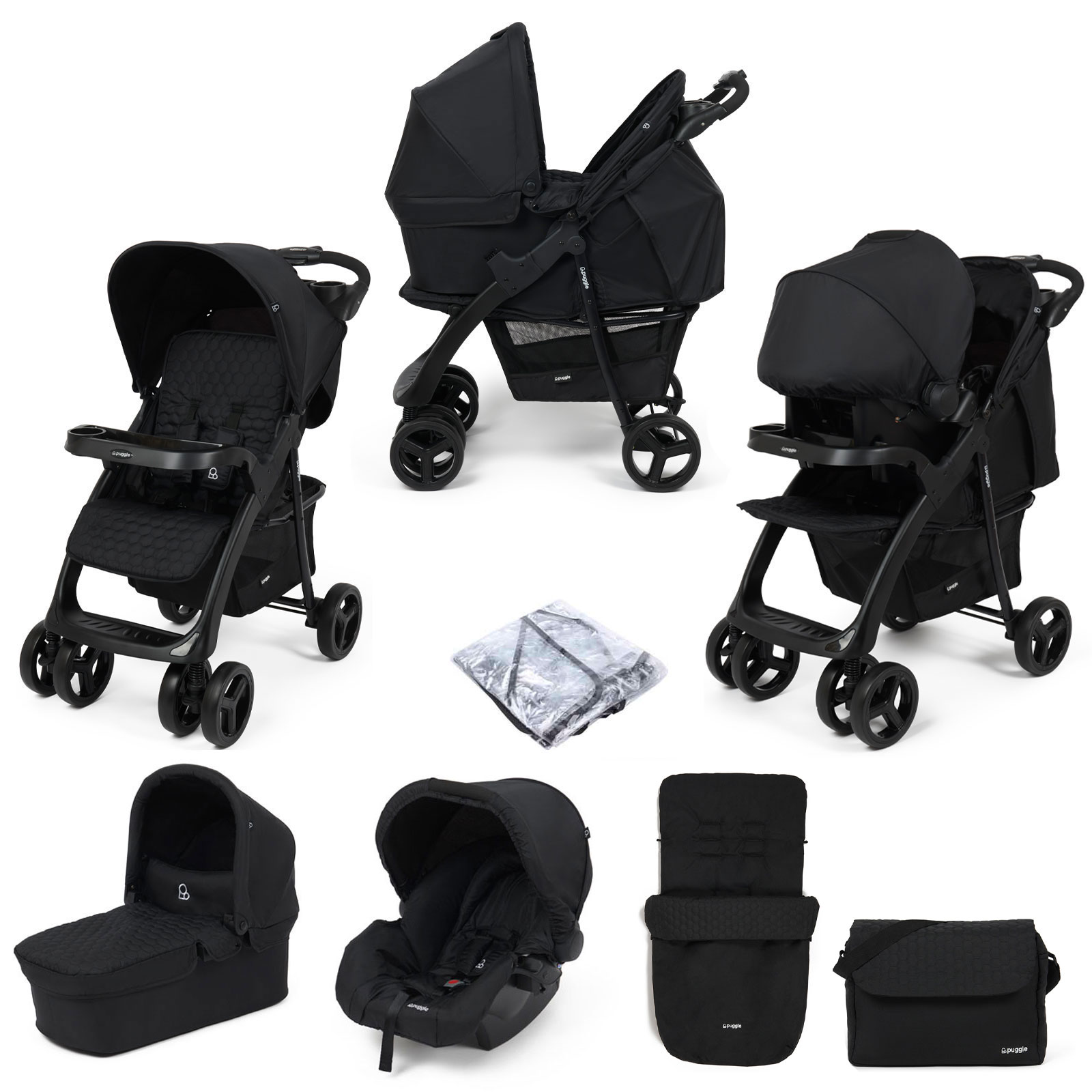 Puggle Denver Luxe 3in1 Travel System with Raincover, Footmuff & Changing Bag - Storm Black