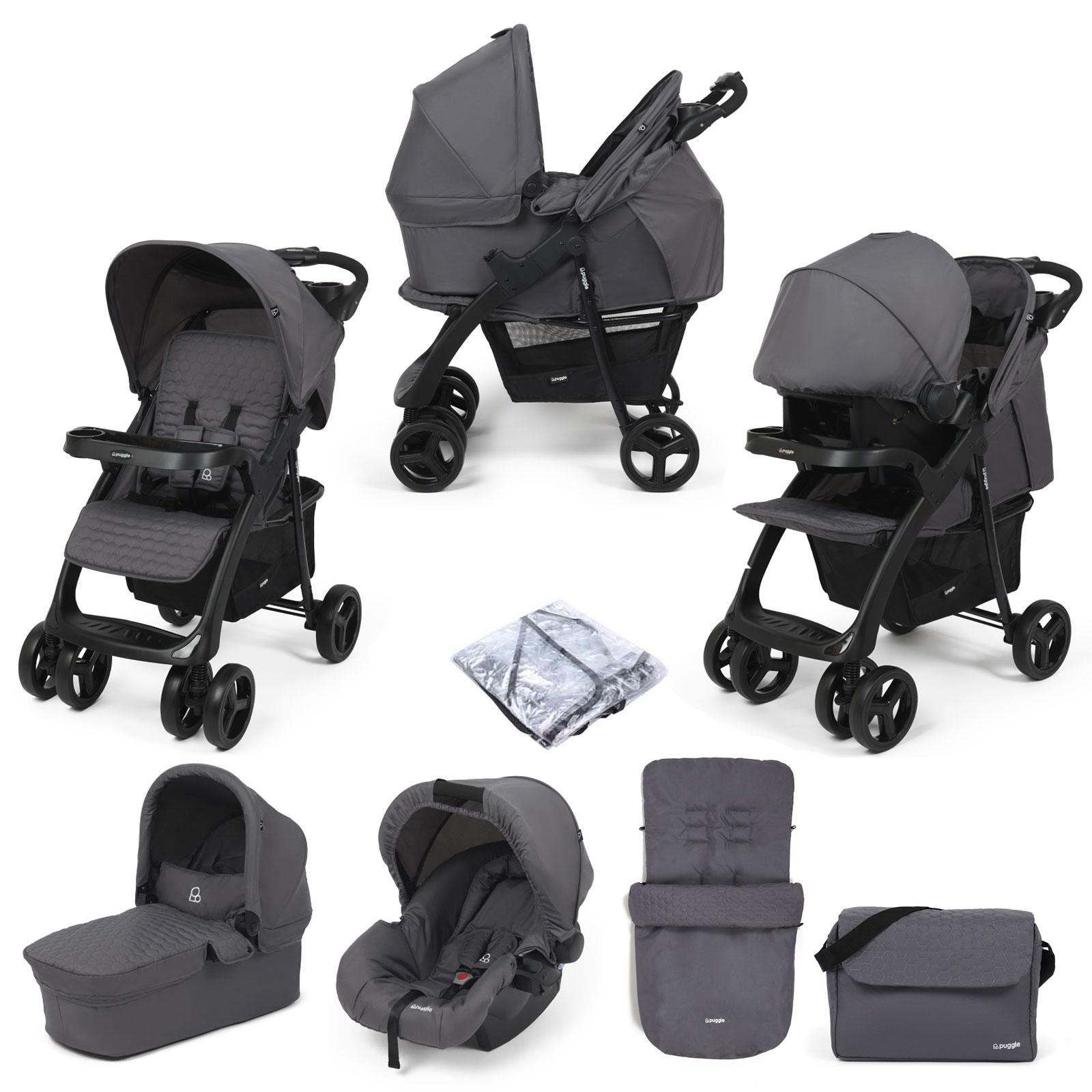 Puggle Denver Luxe 3in1 Travel System with Raincover, Footmuff & Changing Bag - Slate Grey
