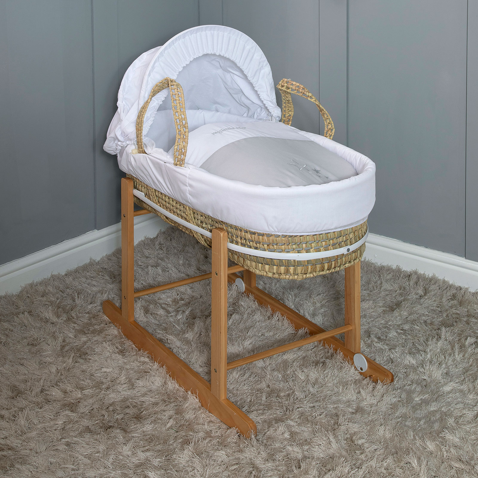 4Baby My Little Star Palm Moses Basket & Natural Rocking Stand - White/Grey