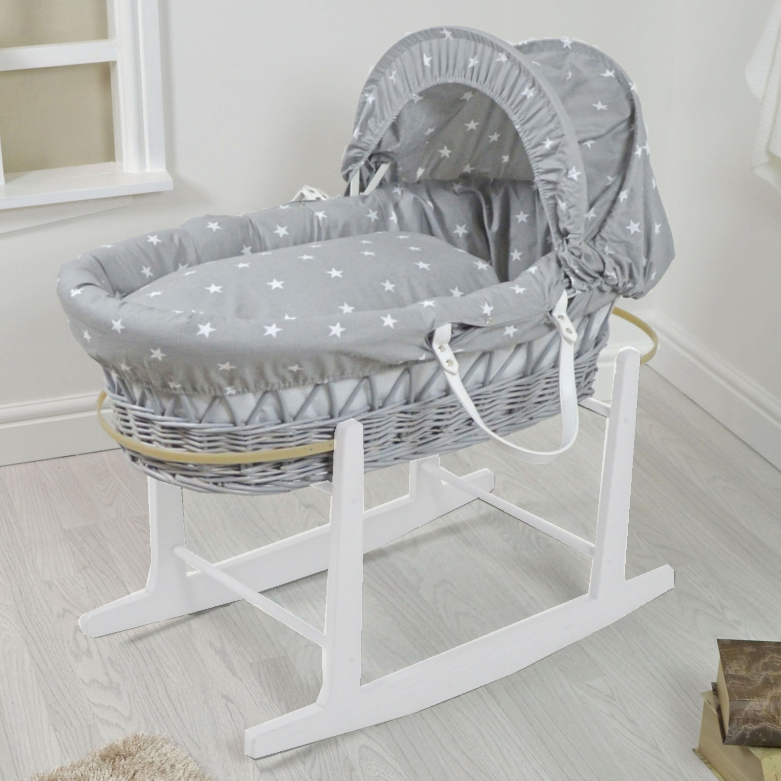 4Baby Padded Grey Wicker Baby Moses Basket with White Rocking Stand - Grey / White Stars