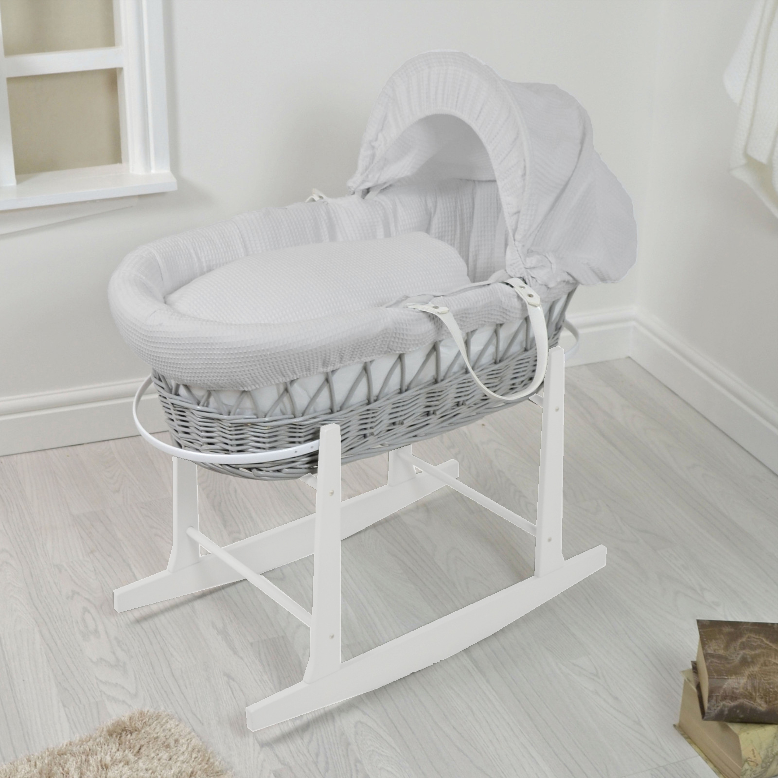 4Baby Padded Grey Wicker Moses Basket with White Rocking Stand - Grey Waffle