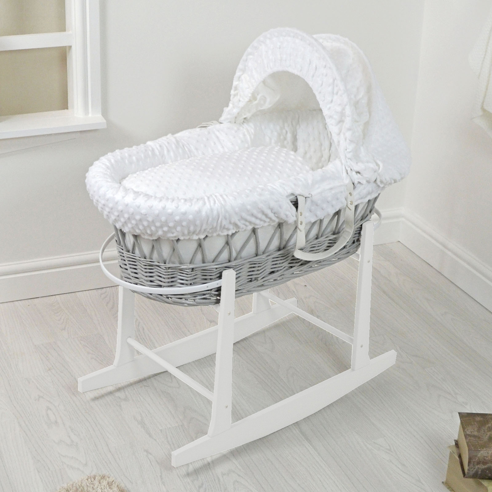 4Baby Padded Grey Wicker Moses Basket with White Rocking Stand - White Dimple