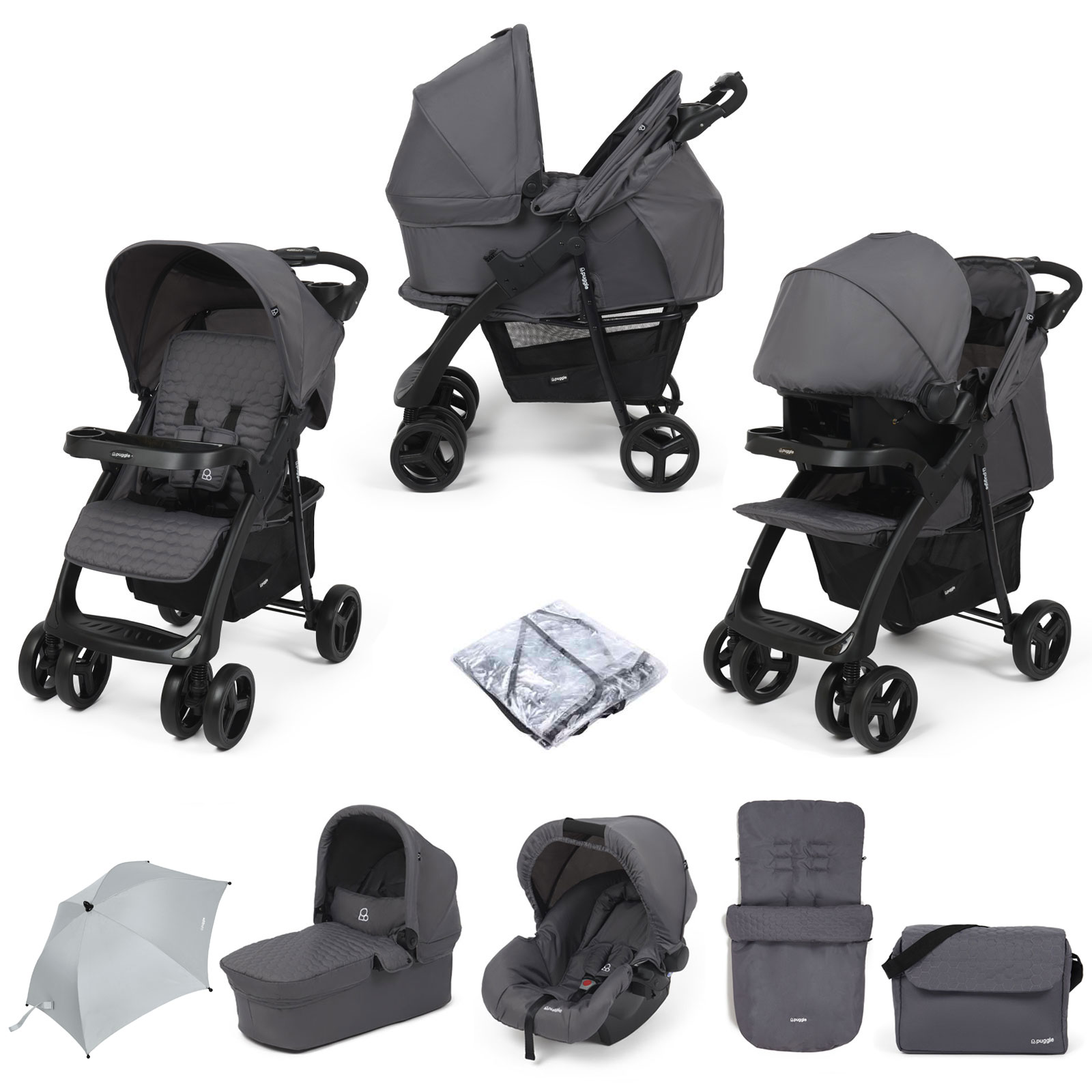 Puggle Denver Luxe 3in1 Travel System with Raincover, Footmuff, Parasol & Changing Bag - Slate Grey