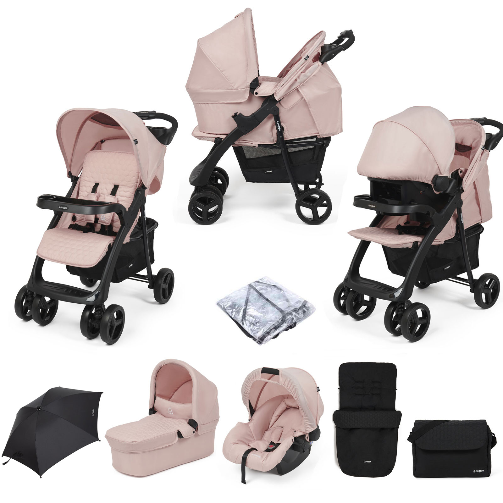 Puggle Denver Luxe 3in1 Travel System with Raincover, Footmuff, Parasol & Changing Bag - Blush Pink