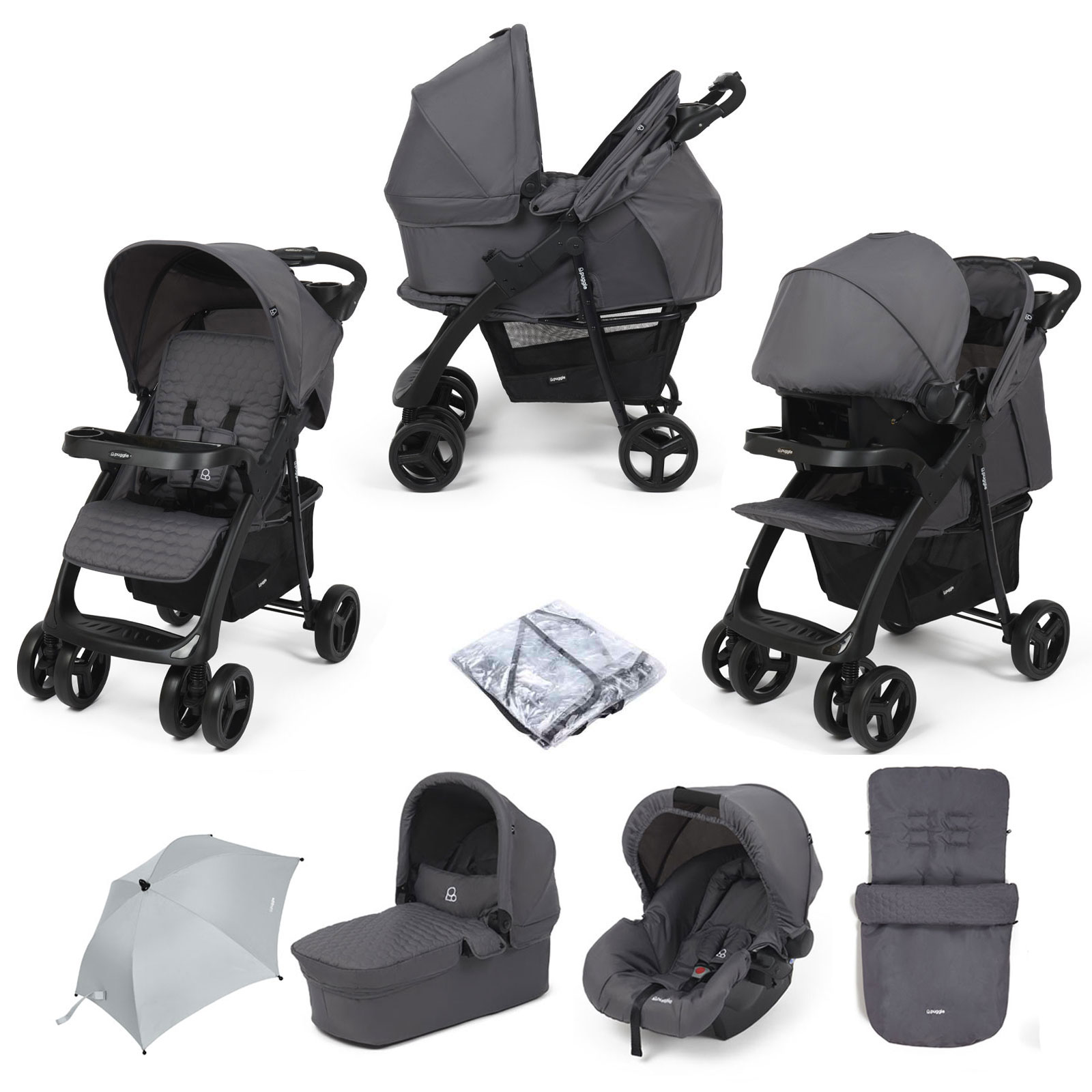 Puggle Denver Luxe 3in1 Travel System with Raincover, Footmuff & Parasol - Slate Grey