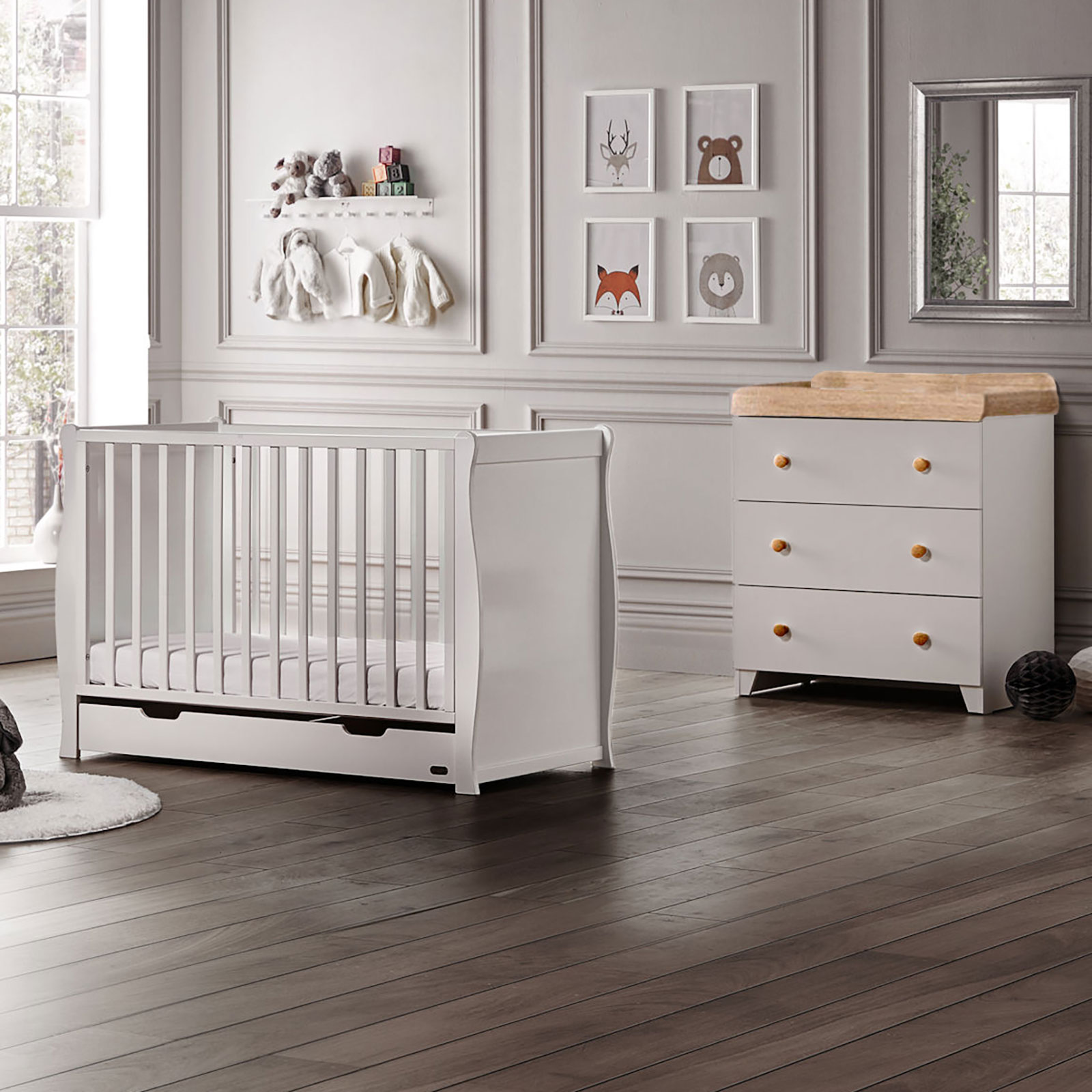 Puggle Chelford Sleigh Cot 5 Piece Nursery Furniture Set With Eco Fibre Mattress - White/White & Oak
