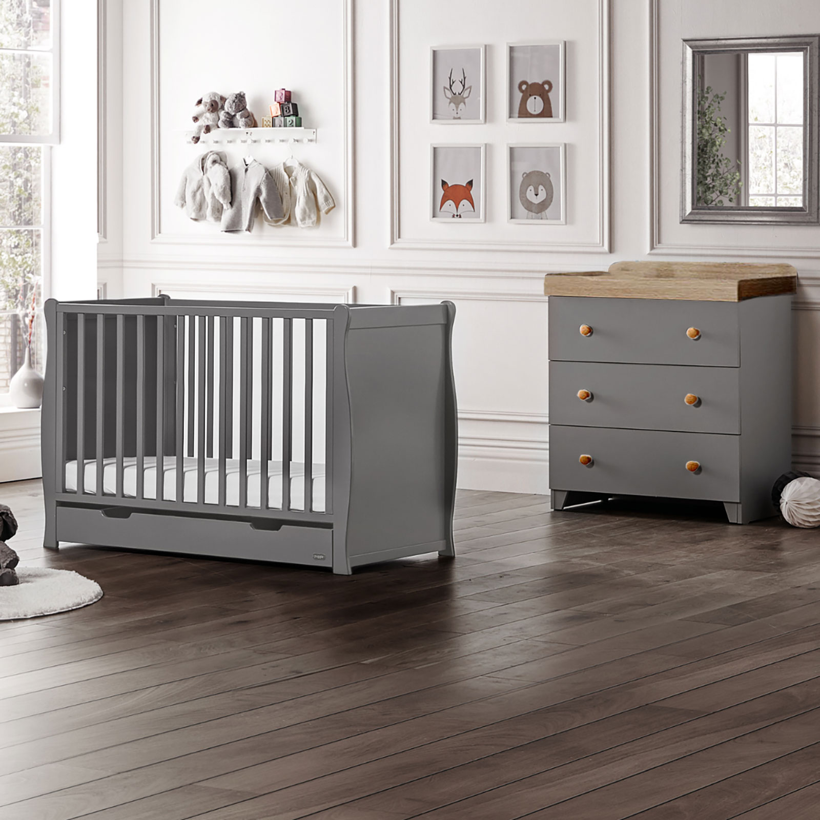 Puggle Chelford Sleigh Cot 5 Piece Nursery Furniture Set With Maxi Air Cool Mattress - Grey/Grey & Oak