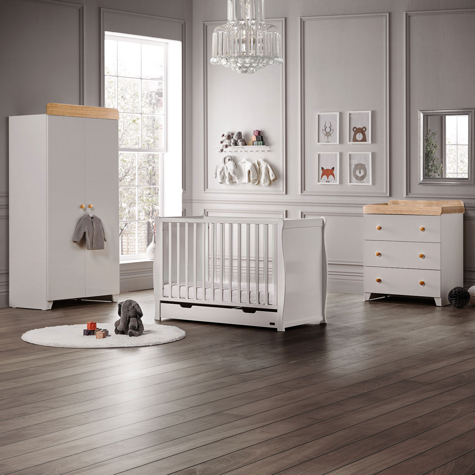 Puggle Chelford Sleigh Cot 6 Piece Nursery Furniture Set With Maxi Air Cool Mattress - White/White & Oak