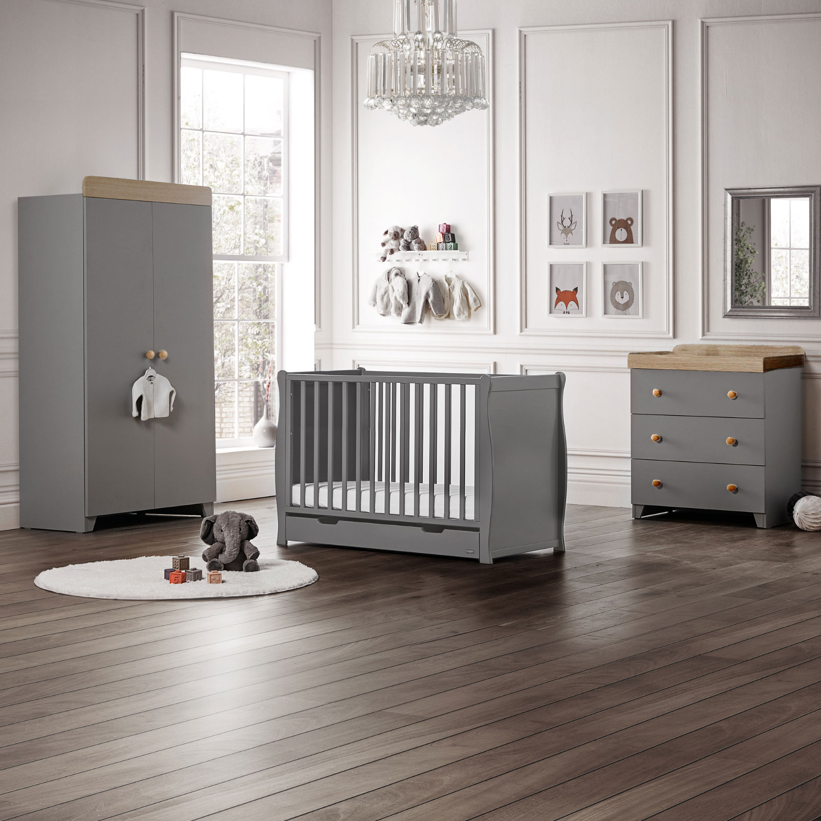 Puggle Chelford Sleigh Cot 6 Piece Nursery Furniture Set With Maxi Air Cool Mattress - Grey/Grey & Oak