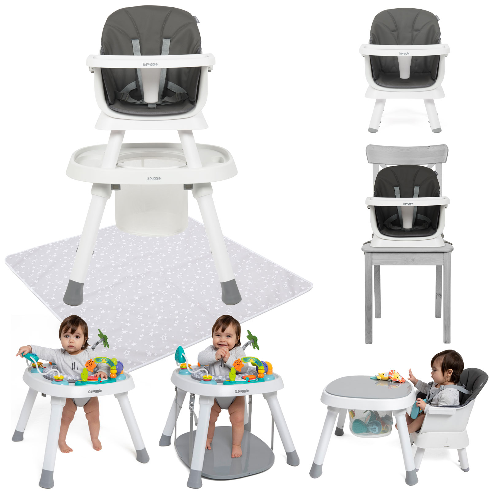 Puggle Snack and Play 7in1 Hi-lo Highchair with Splash Mat – Flint Grey