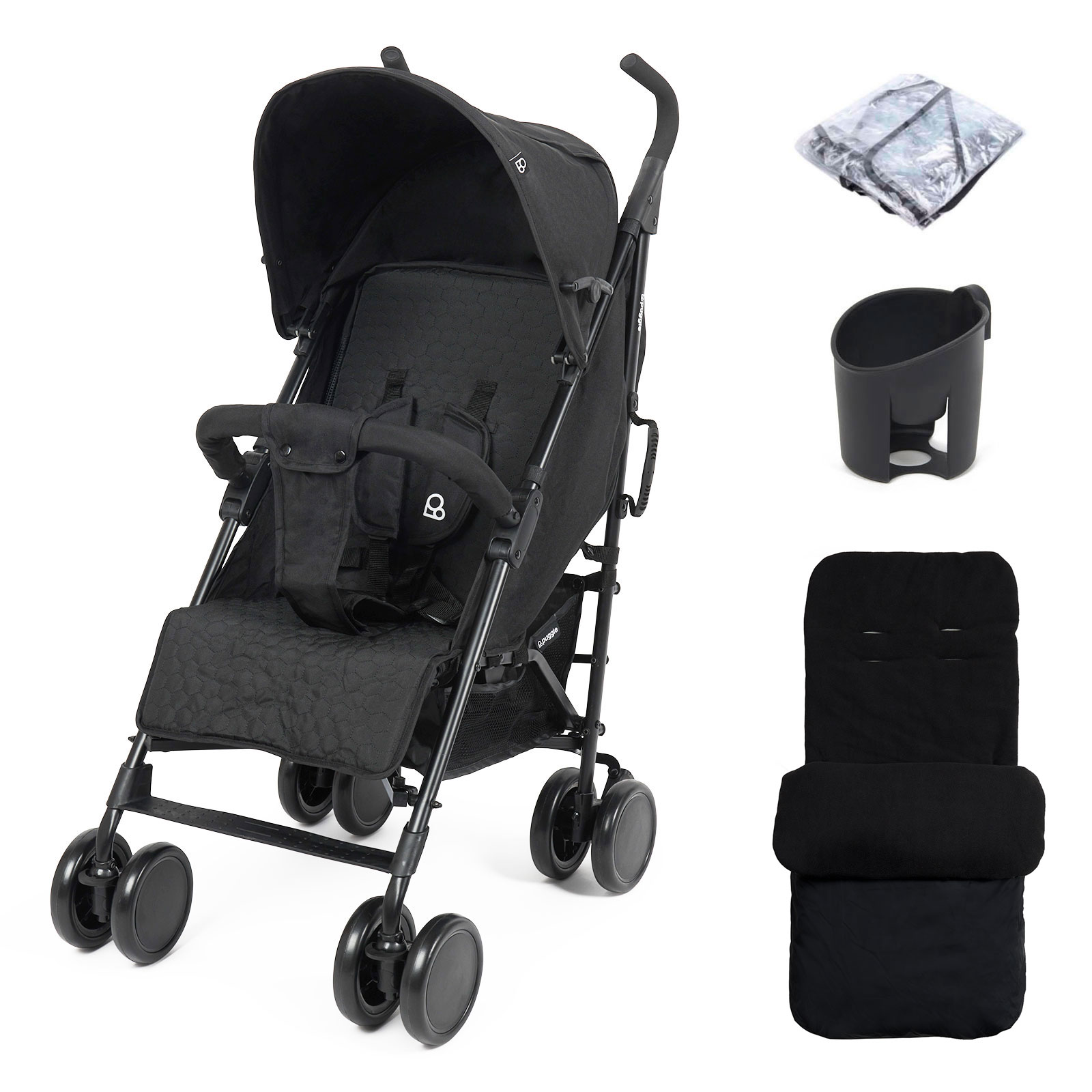 Puggle Litemax Pushchair Stroller with Raincover, Cupholder and Universal Deluxe Footmuff - Storm Black