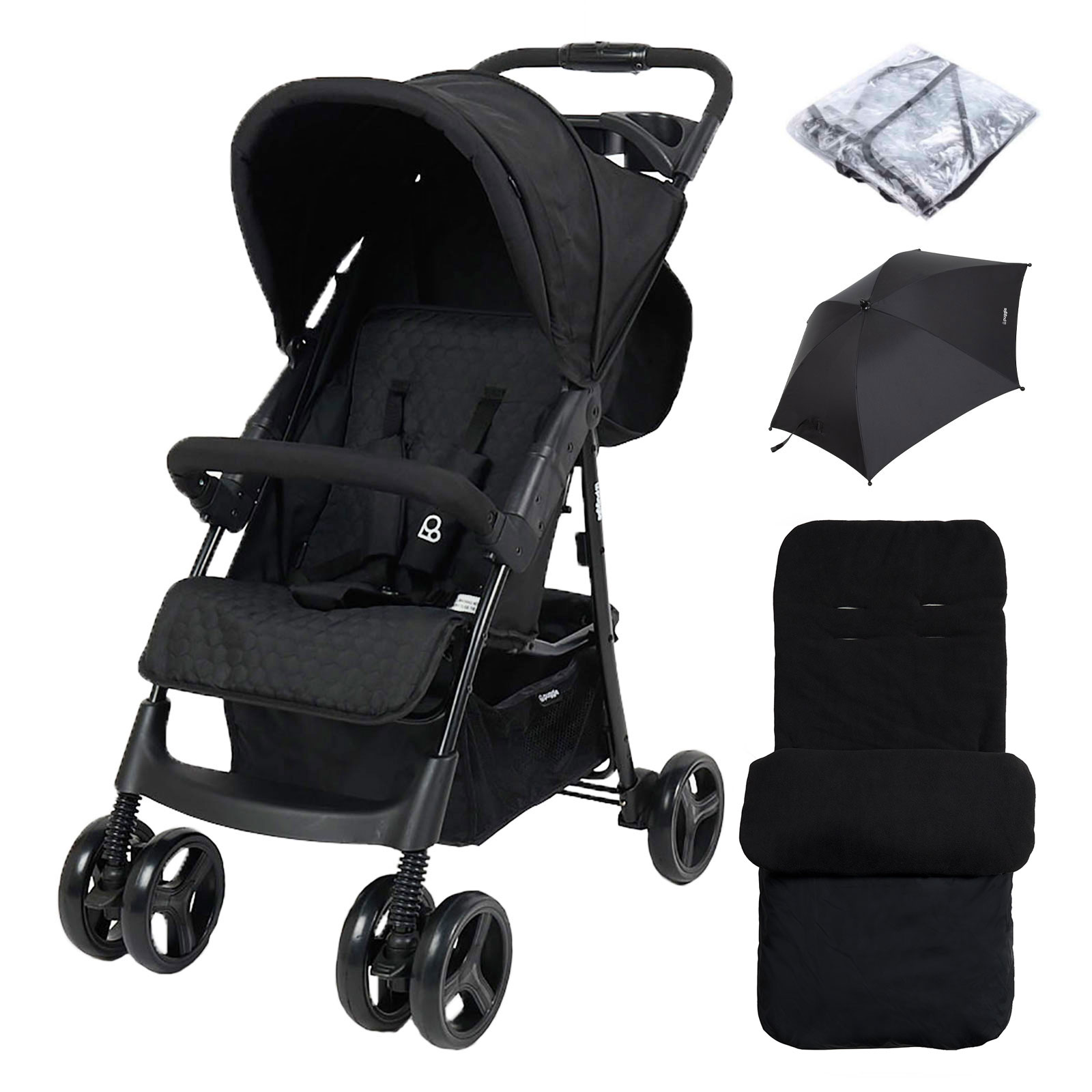 Puggle Starmax Pushchair Stroller with Raincover, Universal Deluxe Footmuff and Parasol – Storm Black
