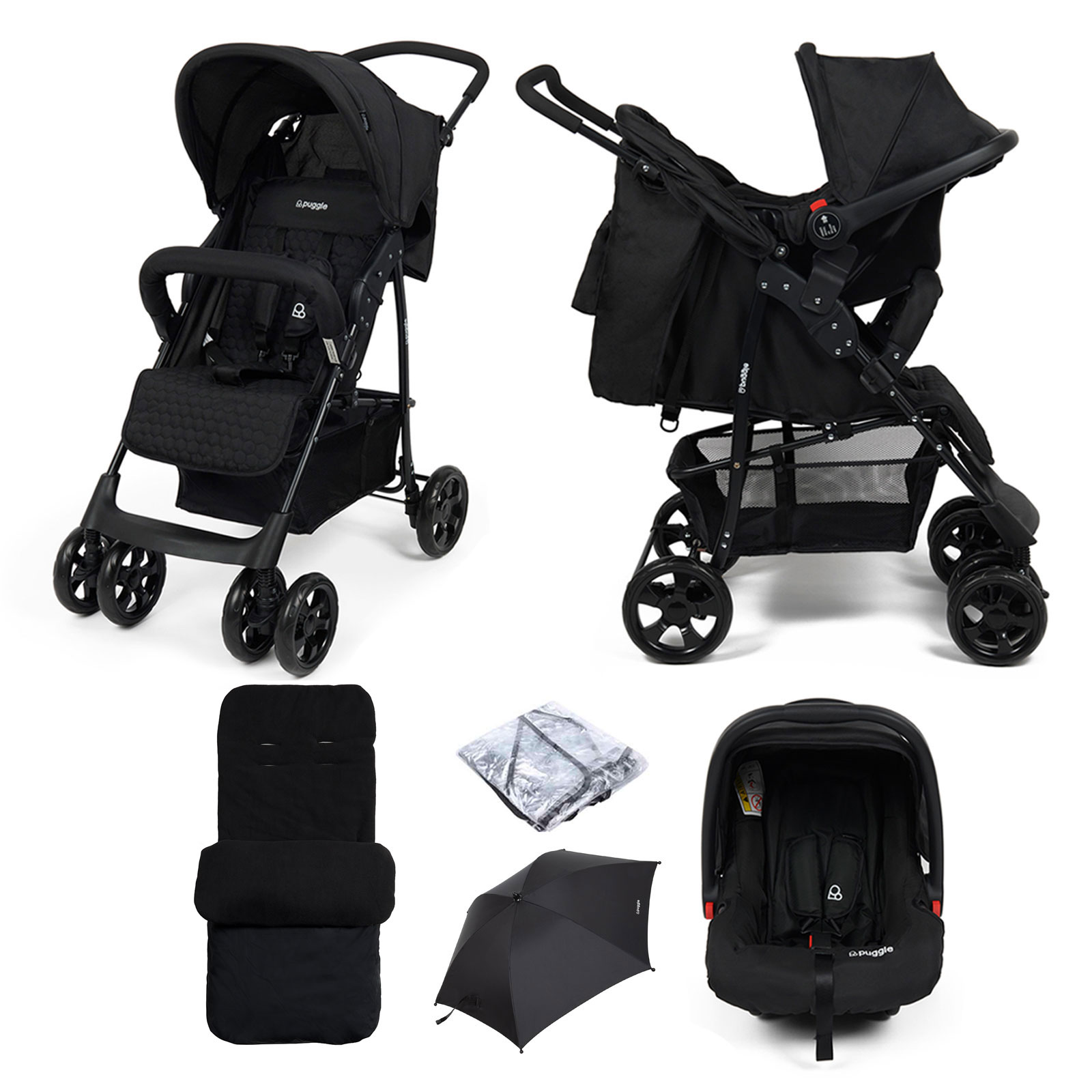Puggle Lowton Luxe 2in1 Travel System with Raincover, Universal Deluxe Footmuff & Parasol – Storm Black