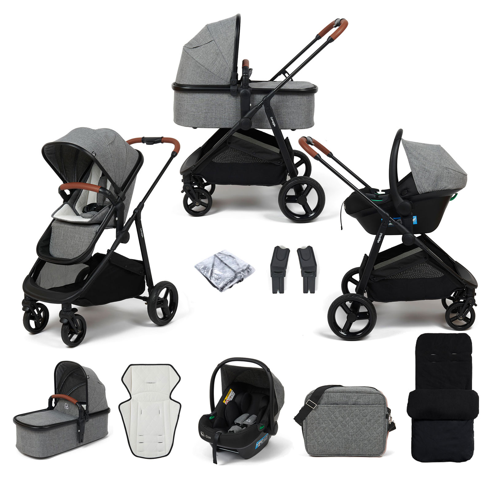 Puggle Monaco XT 3in1 i-Size Travel System with Changing Bag & Deluxe Footmuff - Graphite Grey