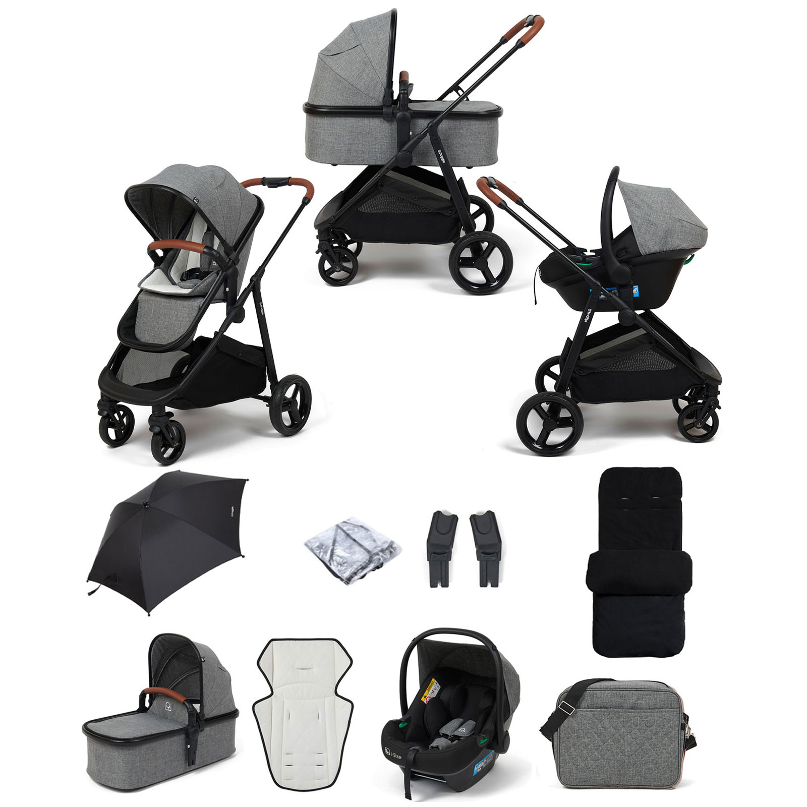 Puggle Monaco XT 3in1 i-Size Travel System with Changing Bag, Parasol & Deluxe Footmuff - Graphite Grey