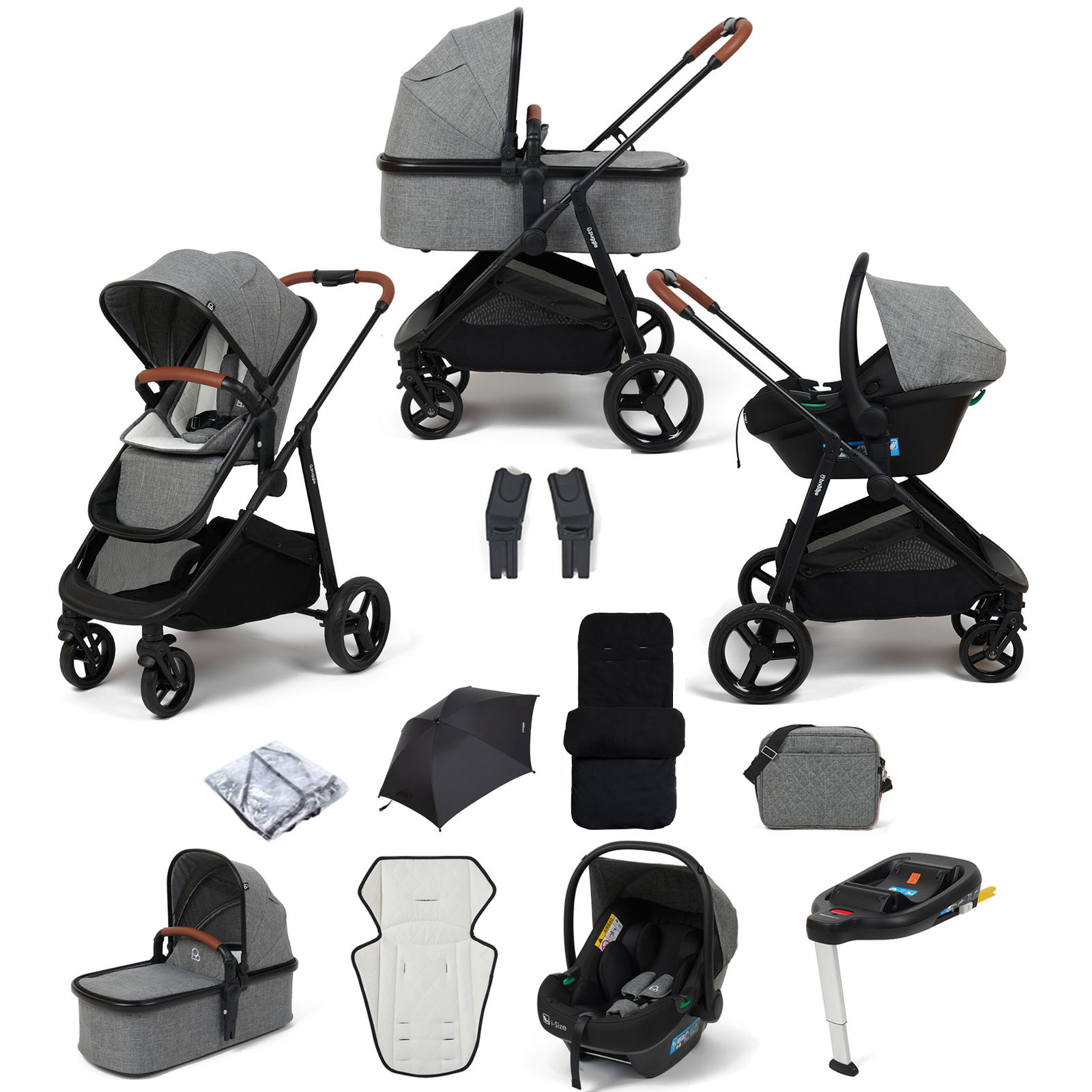 Puggle Monaco XT 3in1 i-Size Travel System with Changing Bag, Deluxe Footmuff, Parasol & ISOFIX Base - Graphite Grey