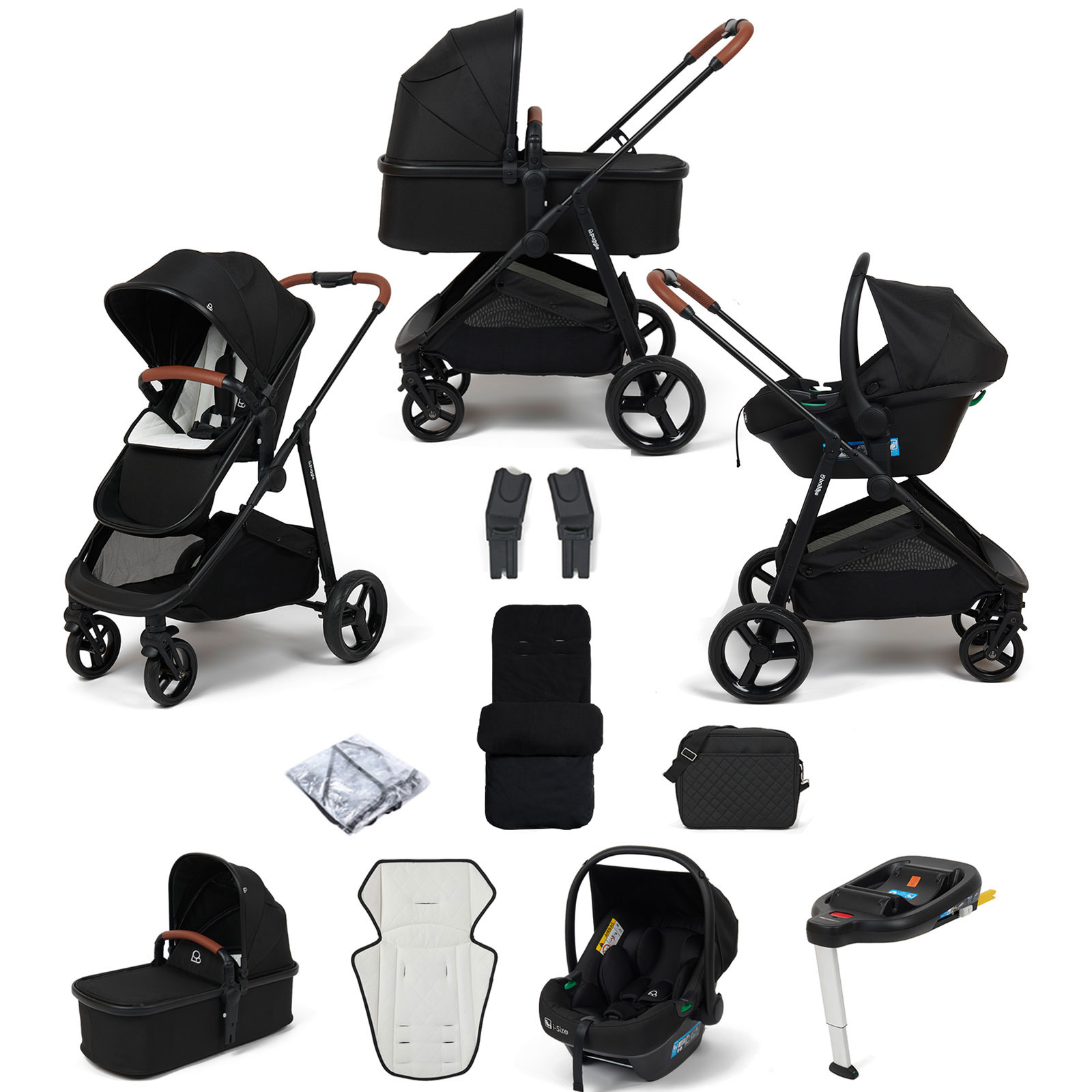 Puggle Monaco XT 3in1 i-Size Travel System with Changing Bag, Deluxe Footmuff & ISOFIX Base - Storm Black
