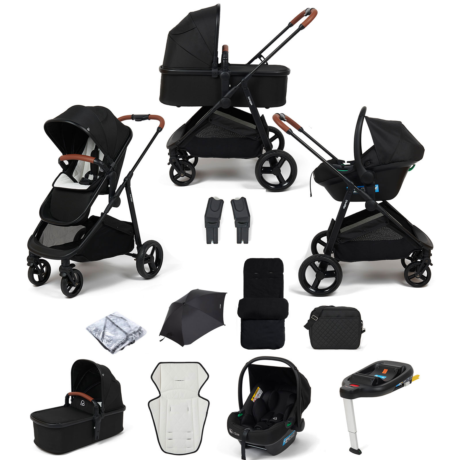 Puggle Monaco XT 3in1 i-Size Travel System with Changing Bag, Deluxe Footmuff, Parasol & ISOFIX Base - Storm Black