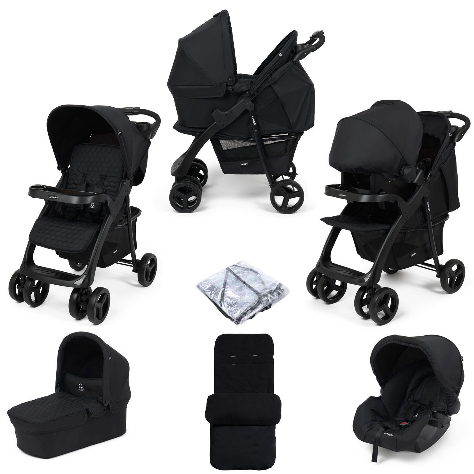 Puggle Denver Luxe 3in1 Travel System with Raincover & Deluxe Footmuff - Storm Black