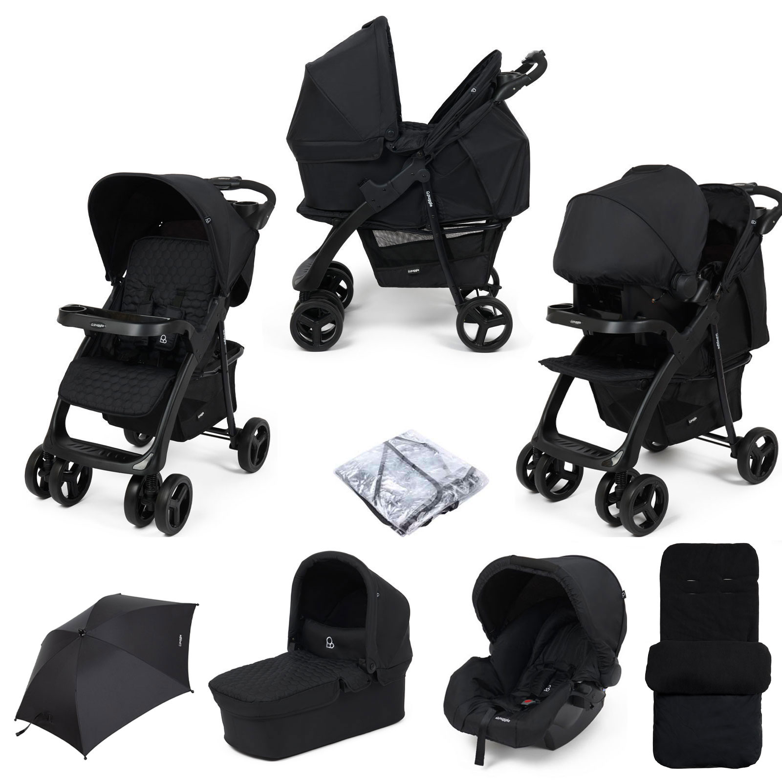 Puggle Denver Luxe 3in1 Travel System with Raincover, Deluxe Footmuff & Parasol - Storm Black
