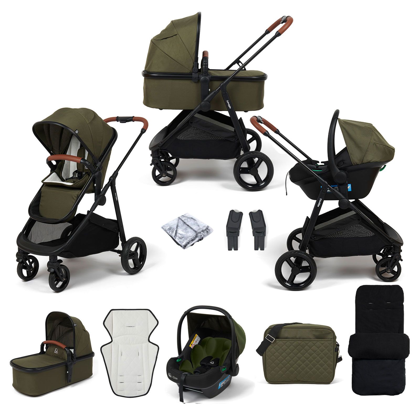 Puggle Monaco XT 3in1 i-Size Travel System with Changing Bag & Deluxe Footmuff - Forest Green