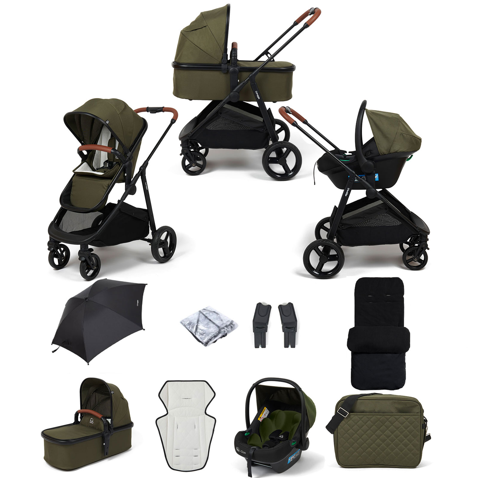 Puggle Monaco XT 3in1 i-Size Travel System with Changing Bag, Parasol & Deluxe Footmuff - Forest Green