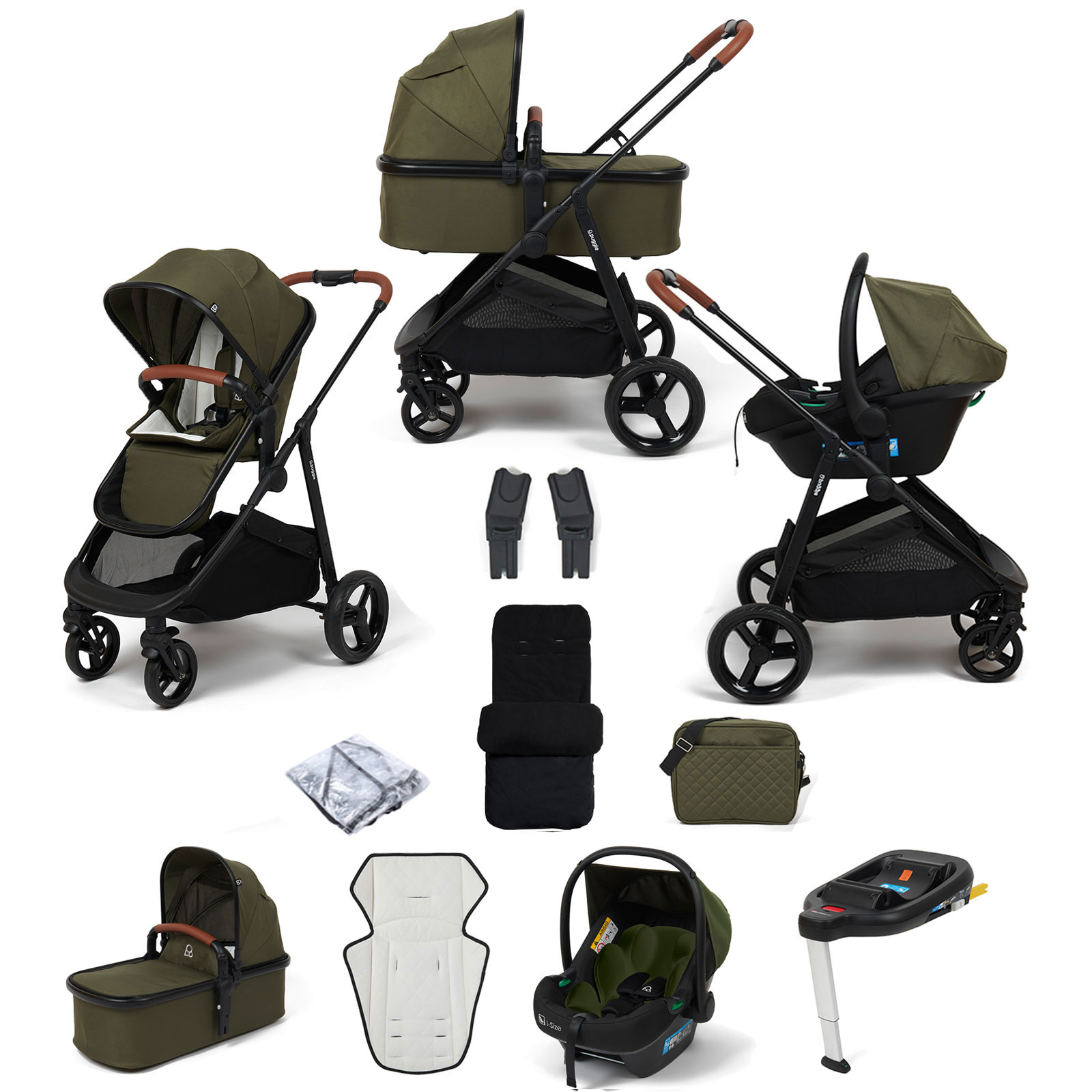 Puggle Monaco XT 3in1 i-Size Travel System with Changing Bag, Deluxe Footmuff & ISOFIX Base - Forest Green