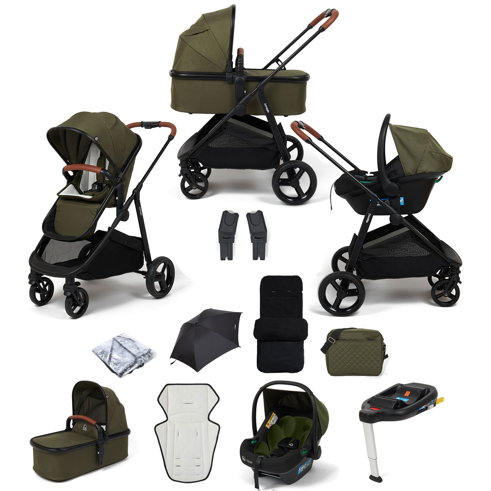 Puggle Monaco XT 3in1 i-Size Travel System with Changing Bag, Deluxe Footmuff, Parasol & ISOFIX Base - Forest Green