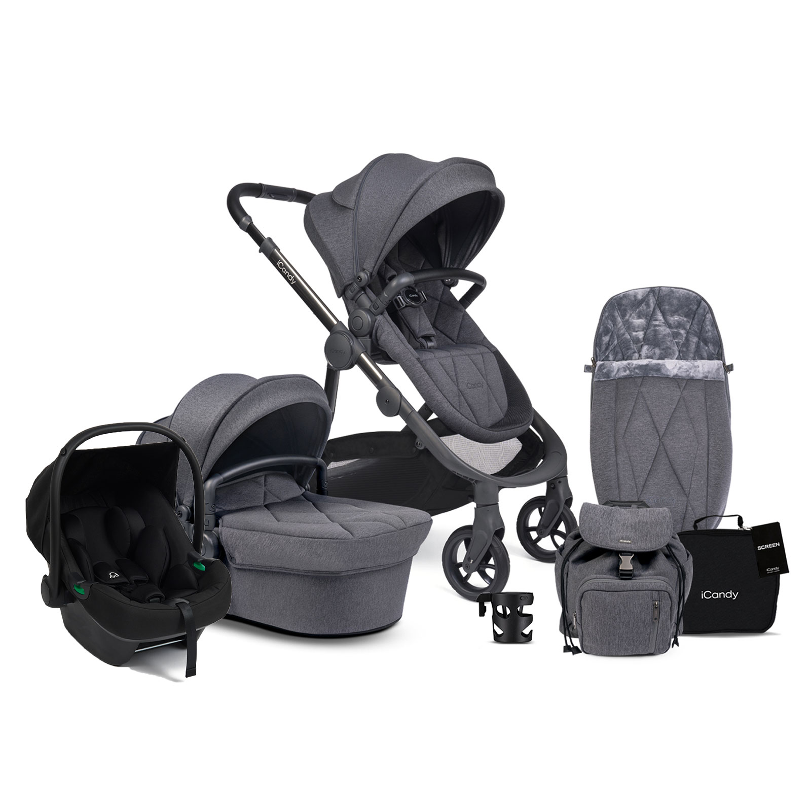 iCandy Orange 3 Carrycot & Pushchair Bundle with Puggle Memphis iSize Infant Car Seat - Dark Grey