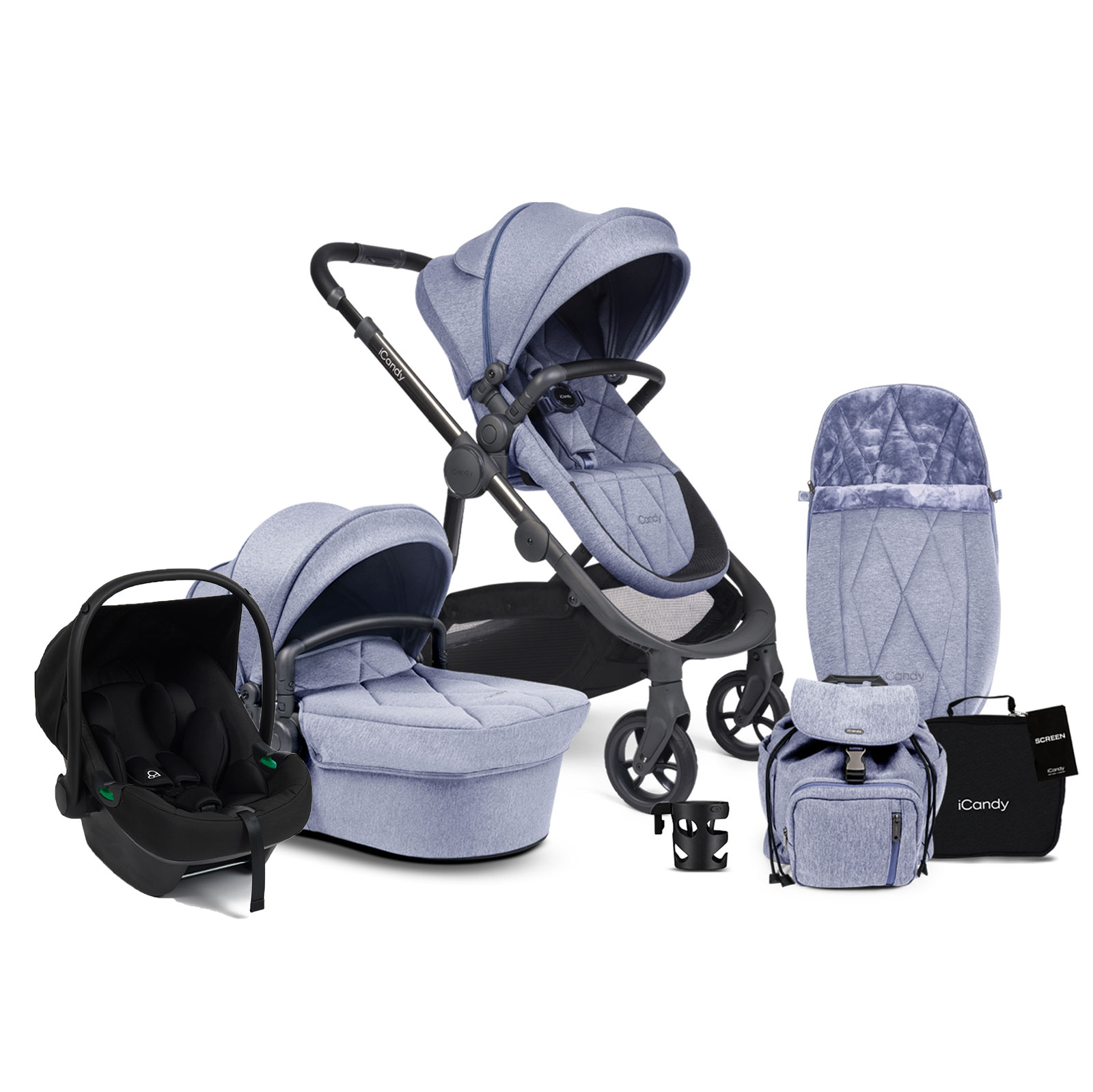 iCandy Orange 3 Carrycot & Pushchair Bundle with Puggle Memphis iSize Infant Car Seat - Light Blue