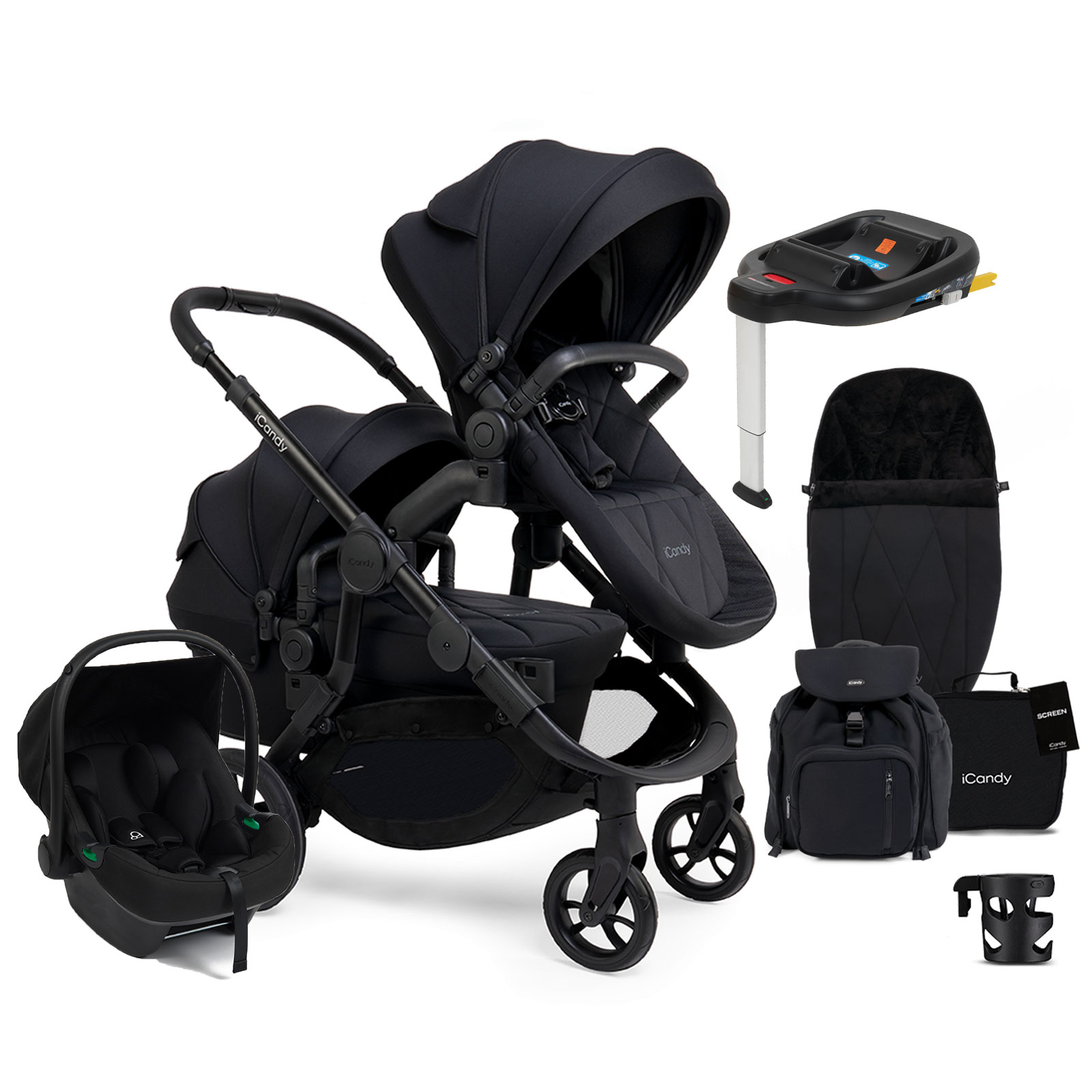 iCandy Orange 3 Double Pushchair & Carrycot Bundle with Puggle Memphis i-Size Infant Car Seat & Base - Black