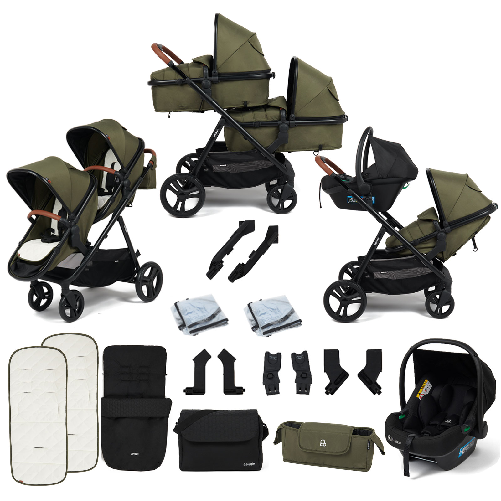Puggle Memphis 2-in-1 Duo i-Size Double Travel System with Footmuff & Changing Bag - Forest Green
