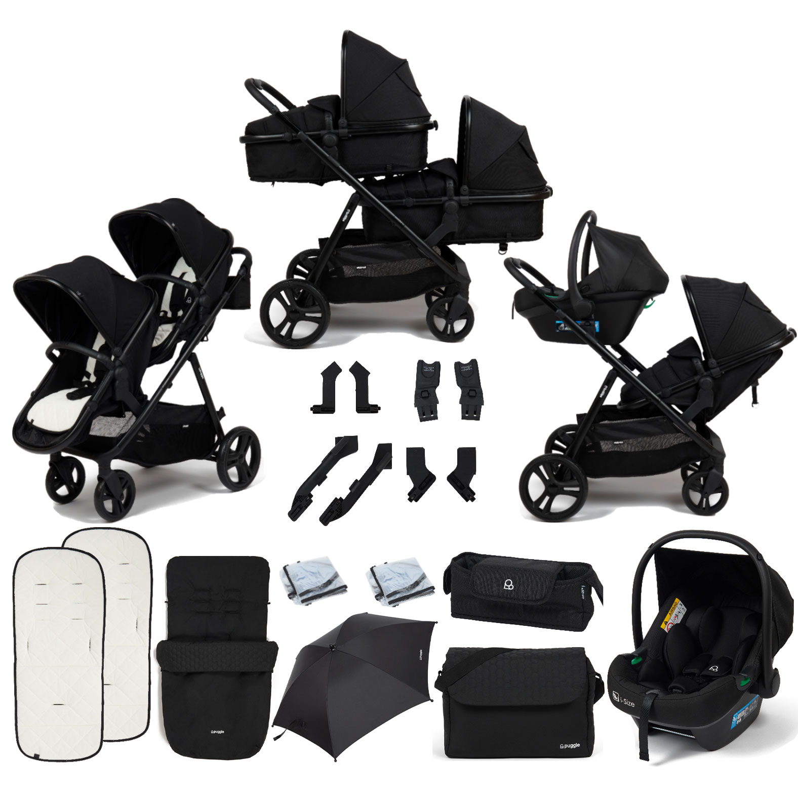 Puggle Memphis 2-in-1 Duo i-Size Double Travel System with Footmuff, Changing Bag & Parasol - Midnight Black