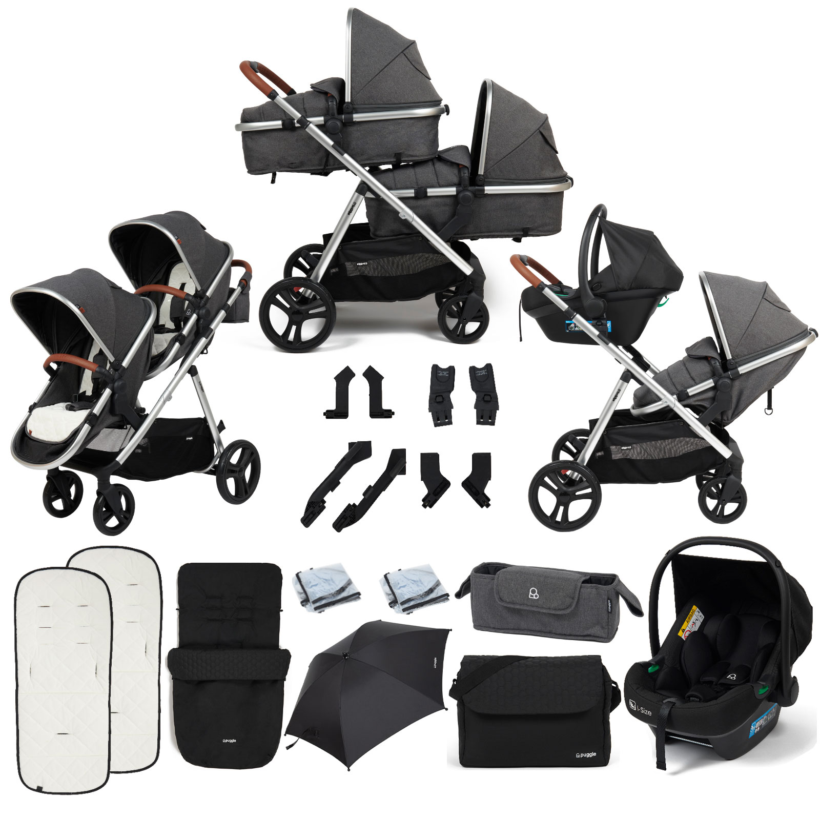 Puggle Memphis 2-in-1 Duo i-Size Double Travel System with Footmuff, Changing Bag & Parasol - Platinum Grey
