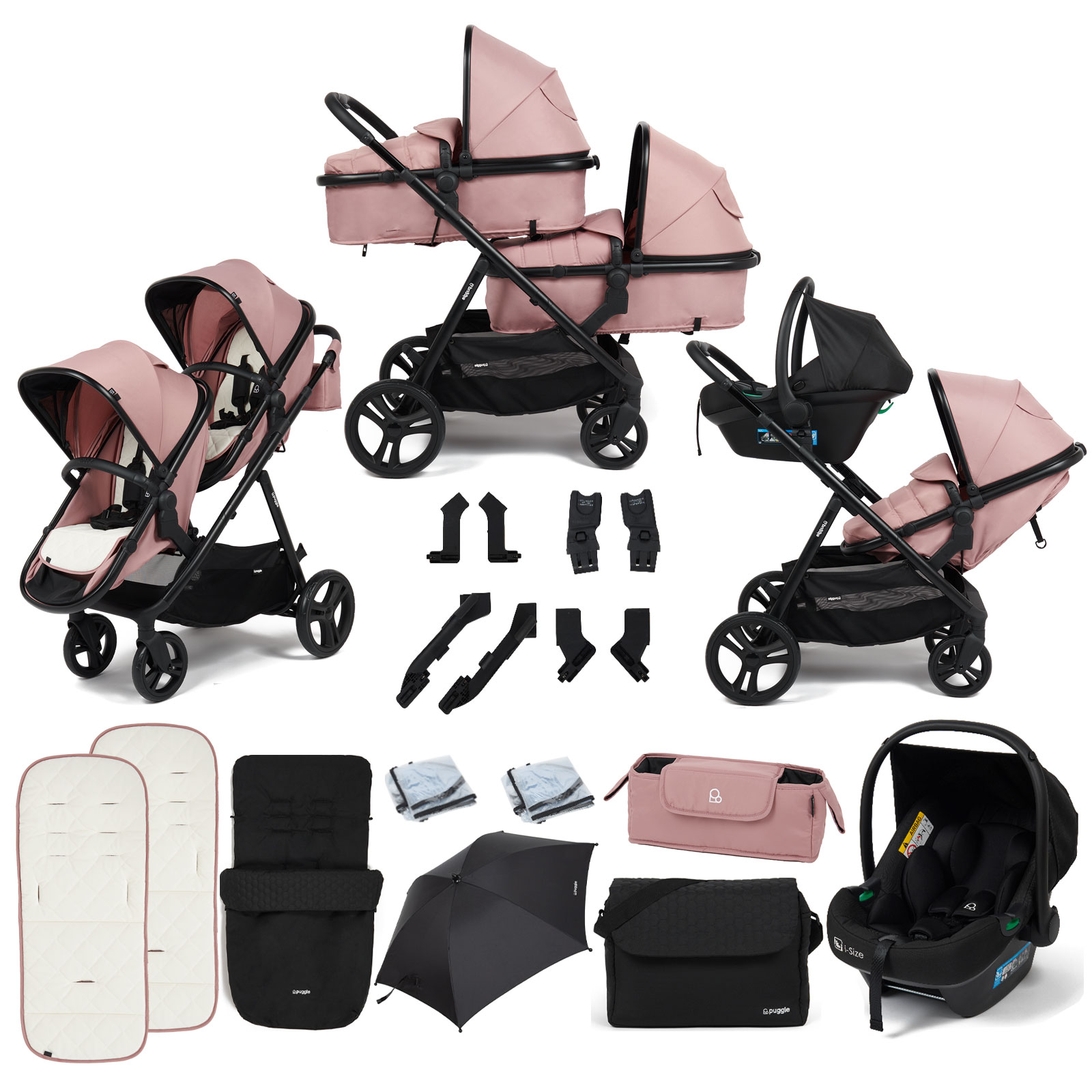 Puggle Memphis 2-in-1 Duo i-Size Double Travel System with Footmuff, Changing Bag & Parasol - Dusk Pink