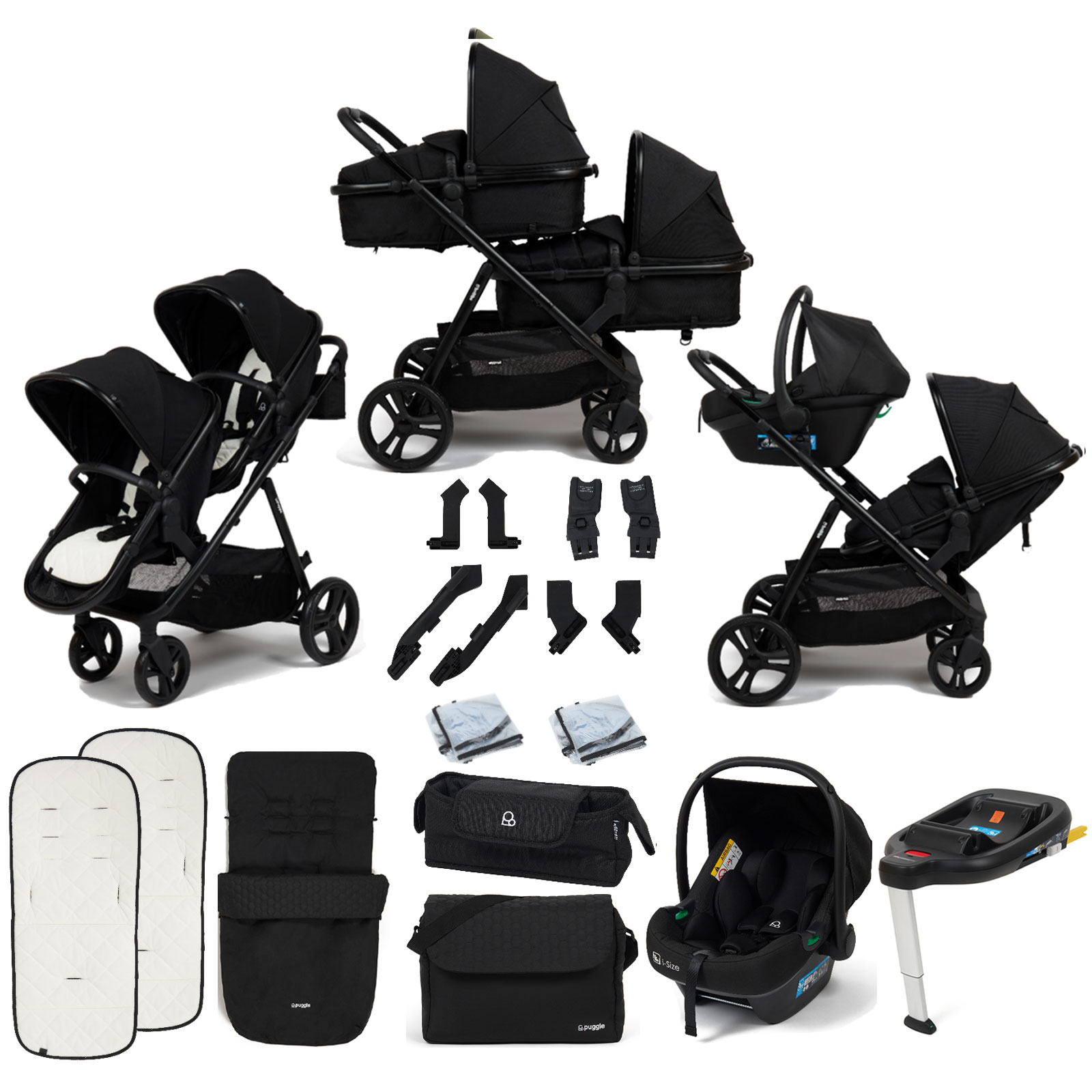 Puggle Memphis 2-in-1 Duo i-Size Double Travel System with Footmuff, Changing Bag & i-Size Car Seat - Midnight Black