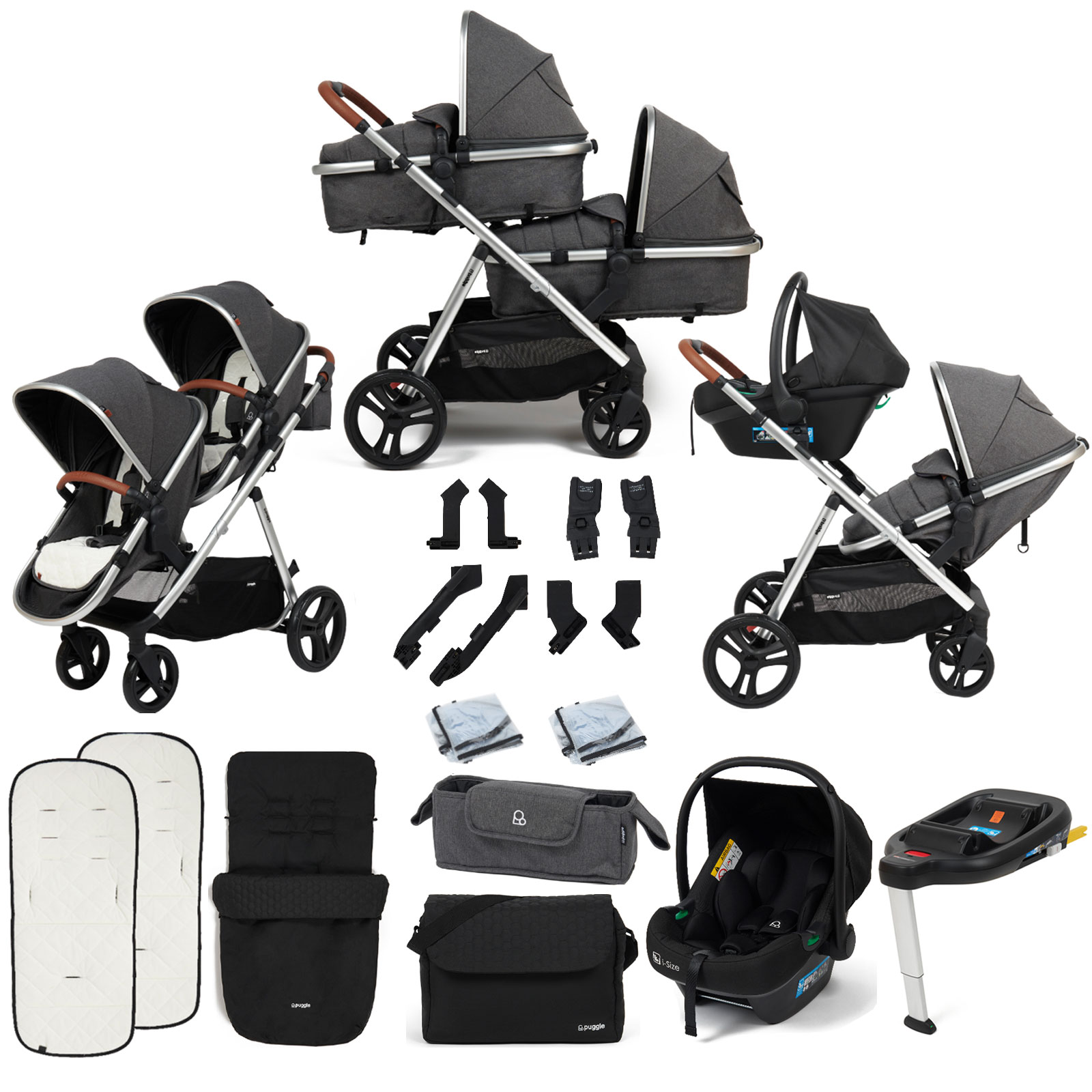 Puggle Memphis 2-in-1 Duo i-Size Double Travel System with Footmuff, Changing Bag & i-Size Car Seat - Platinum Grey