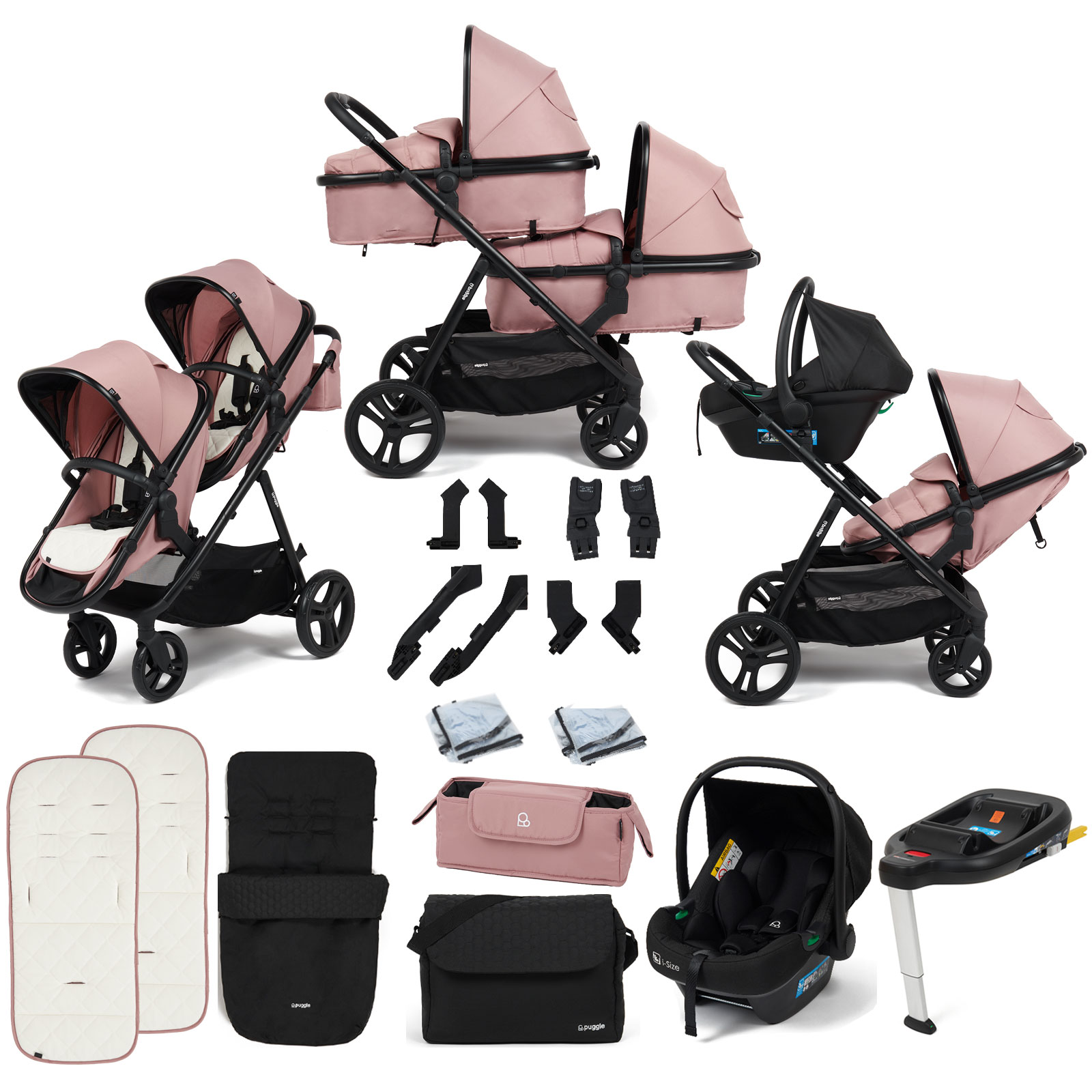 Puggle Memphis 2-in-1 Duo i-Size Double Travel System with Footmuff, Changing Bag & i-Size Car Seat - Dusk Pink