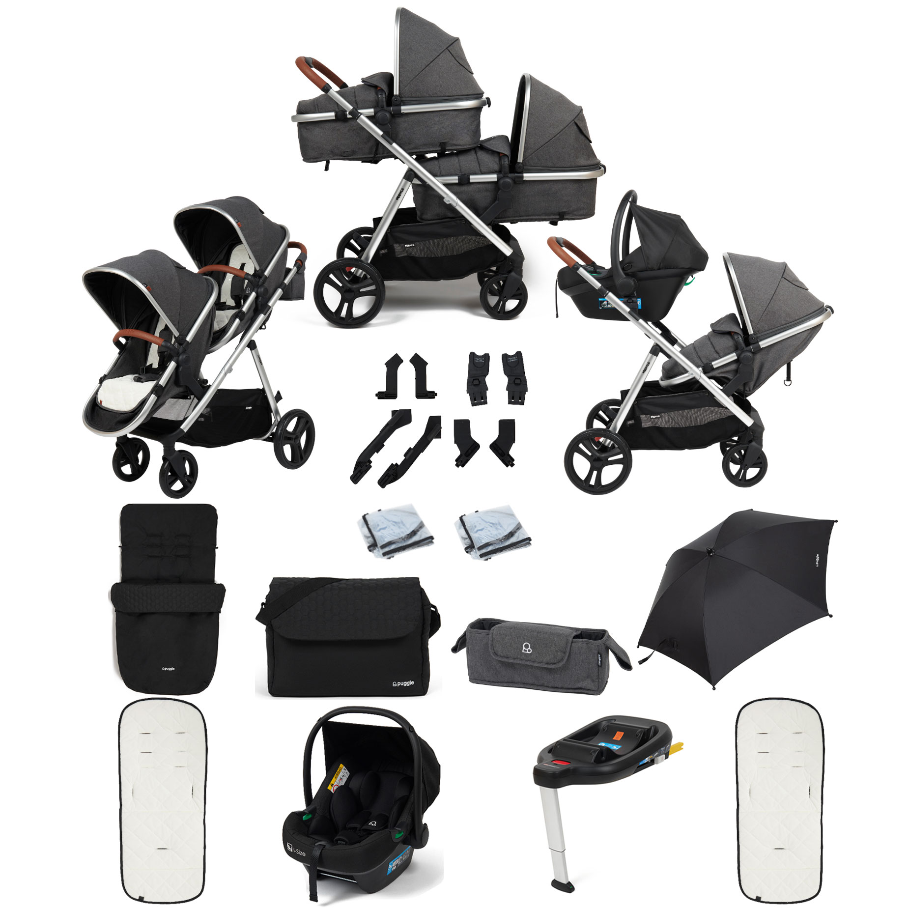Puggle Memphis 2-in-1 Duo i-Size Double Travel System with Footmuff, Changing Bag, Parasol & i-Size Car Seat - Platinum Grey