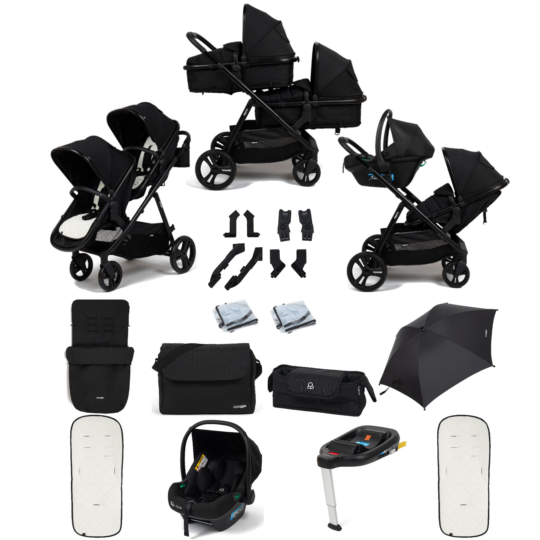 Puggle Memphis 2-in-1 Duo i-Size Double Travel System with Footmuff, Changing Bag, Parasol & i-Size Car Seat with Base - Midnight Black