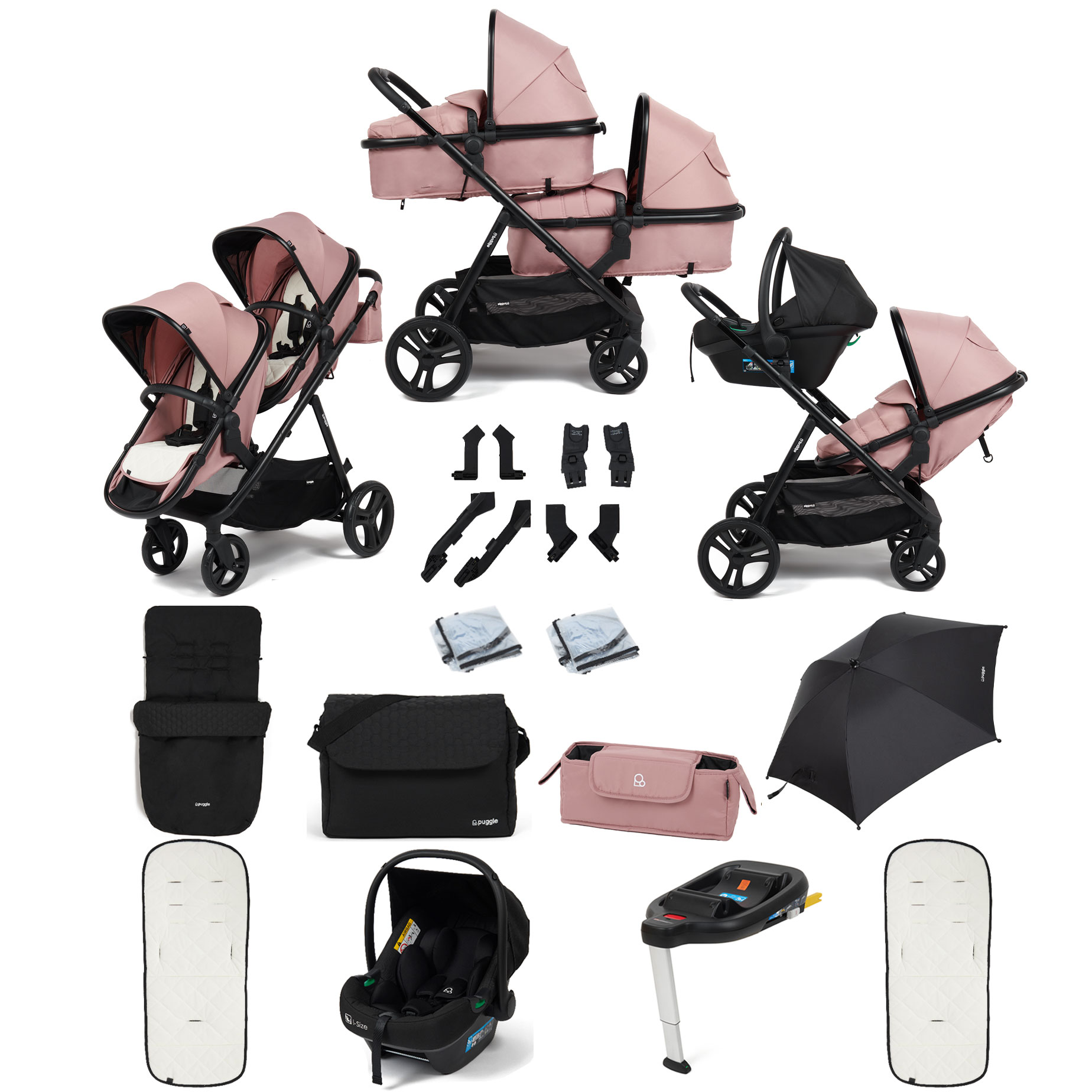 Puggle Memphis 2-in-1 Duo i-Size Double Travel System with Footmuff, Changing Bag, Parasol & i-Size Car Seat with Base - Dusk Pink